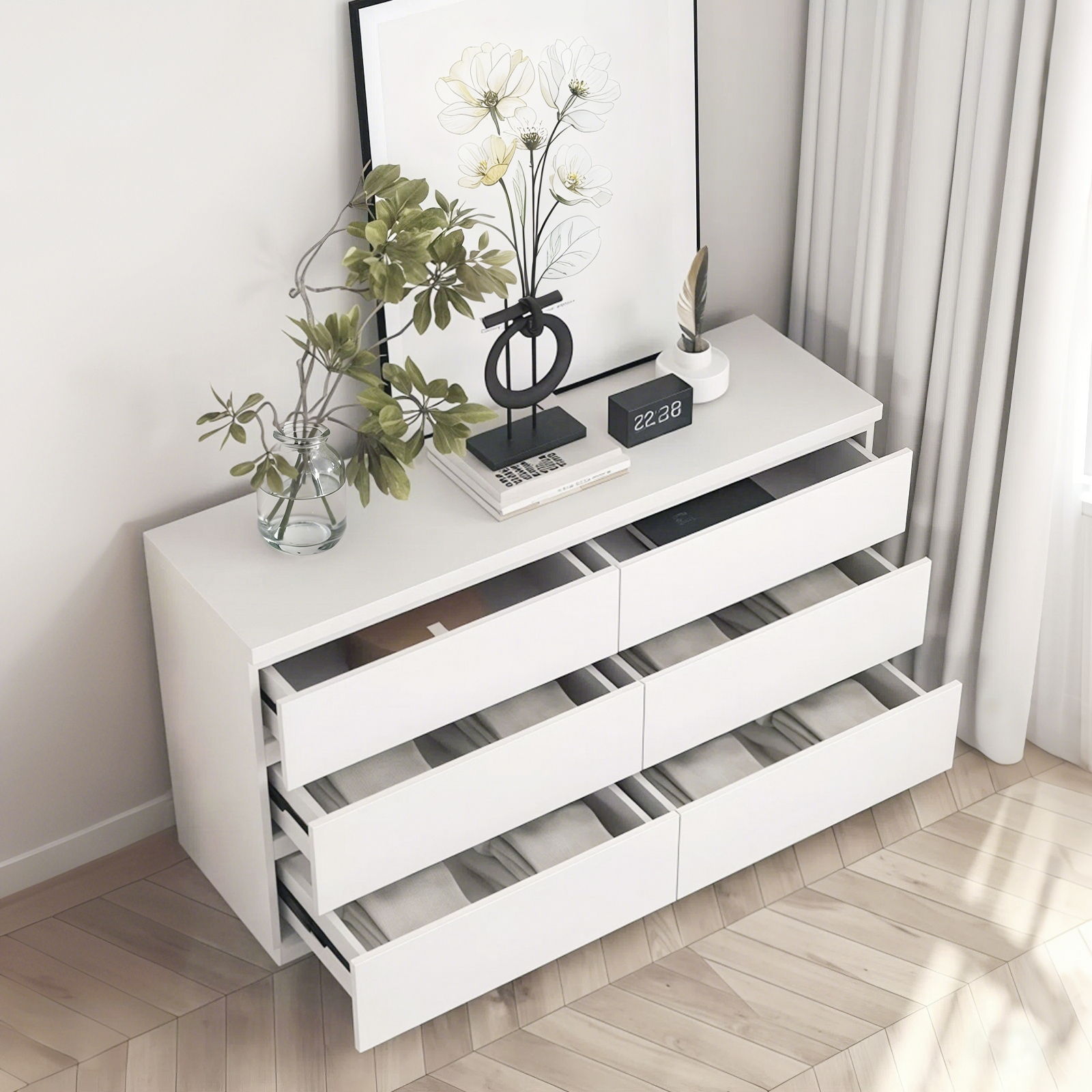 Modern 6 Drawer Dresser With Spacious Countertop And Concealed Handles, Storage Cabinet For Bedroom And Living Room - White