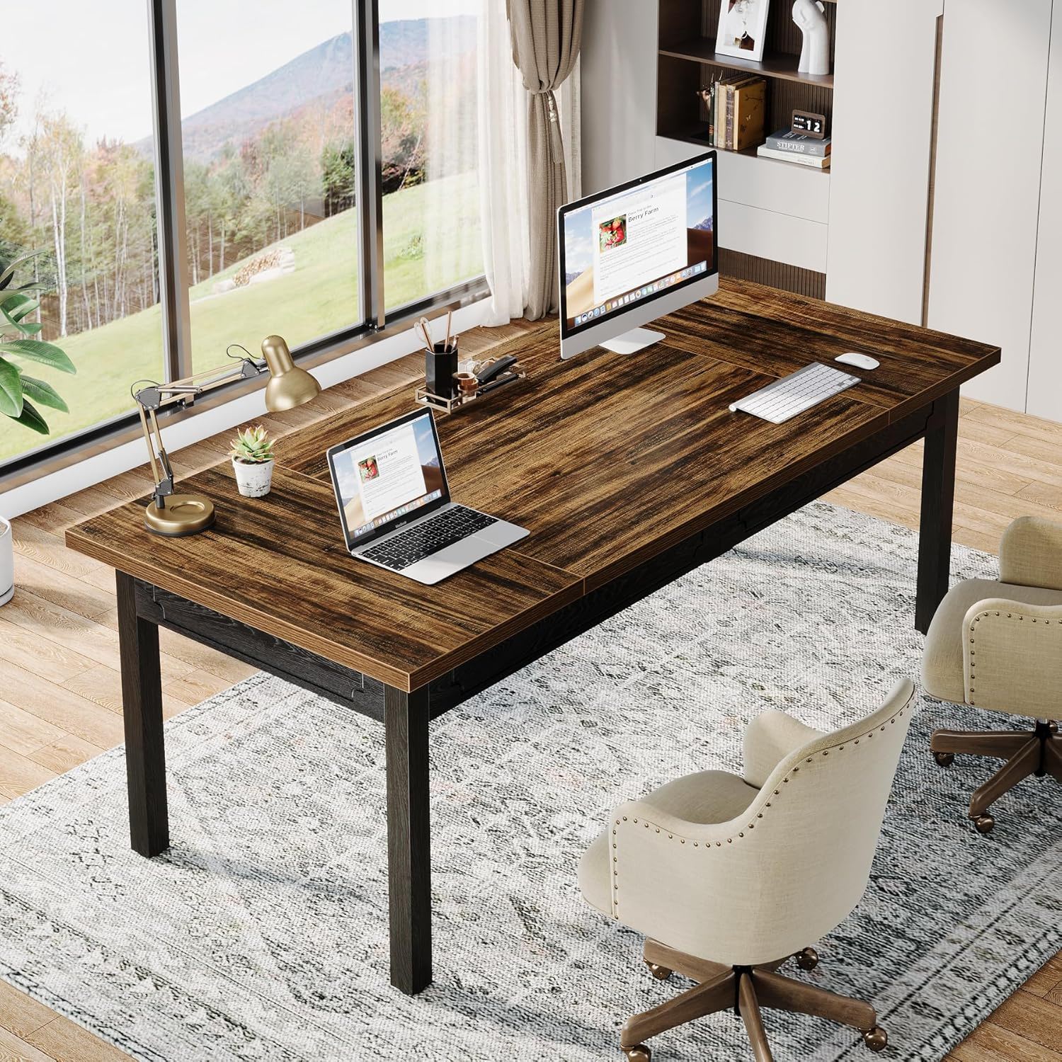 Executive Office Desk, Computer Table With Thick Top - Brown / Black