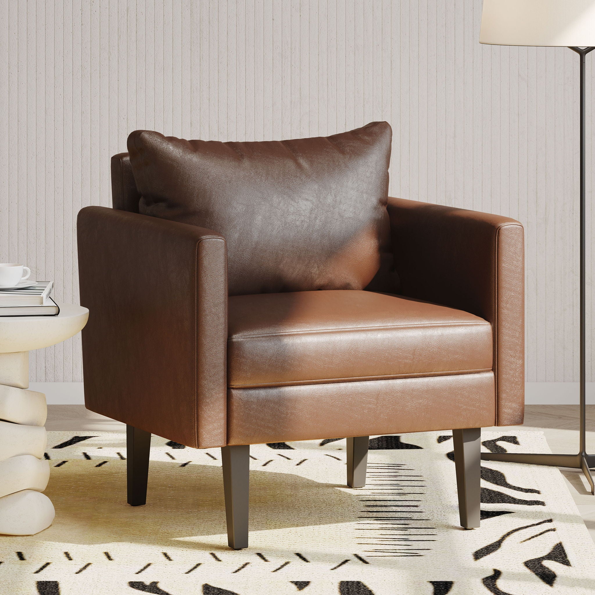 Faux Leather Club Chair With Birch Tapered Legs - Light Brown