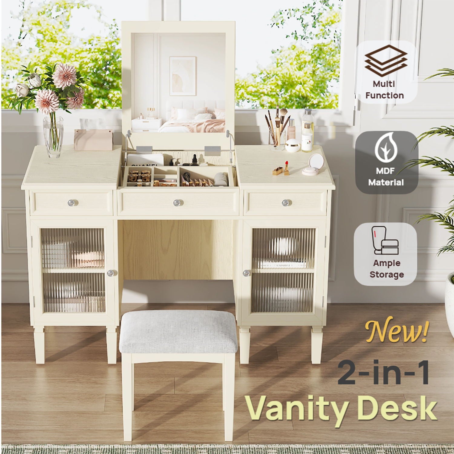 Multi Functional 2 In 1 Vanity Desk With Flip Top Mirror Material - White Oak - Best Buy Furniture