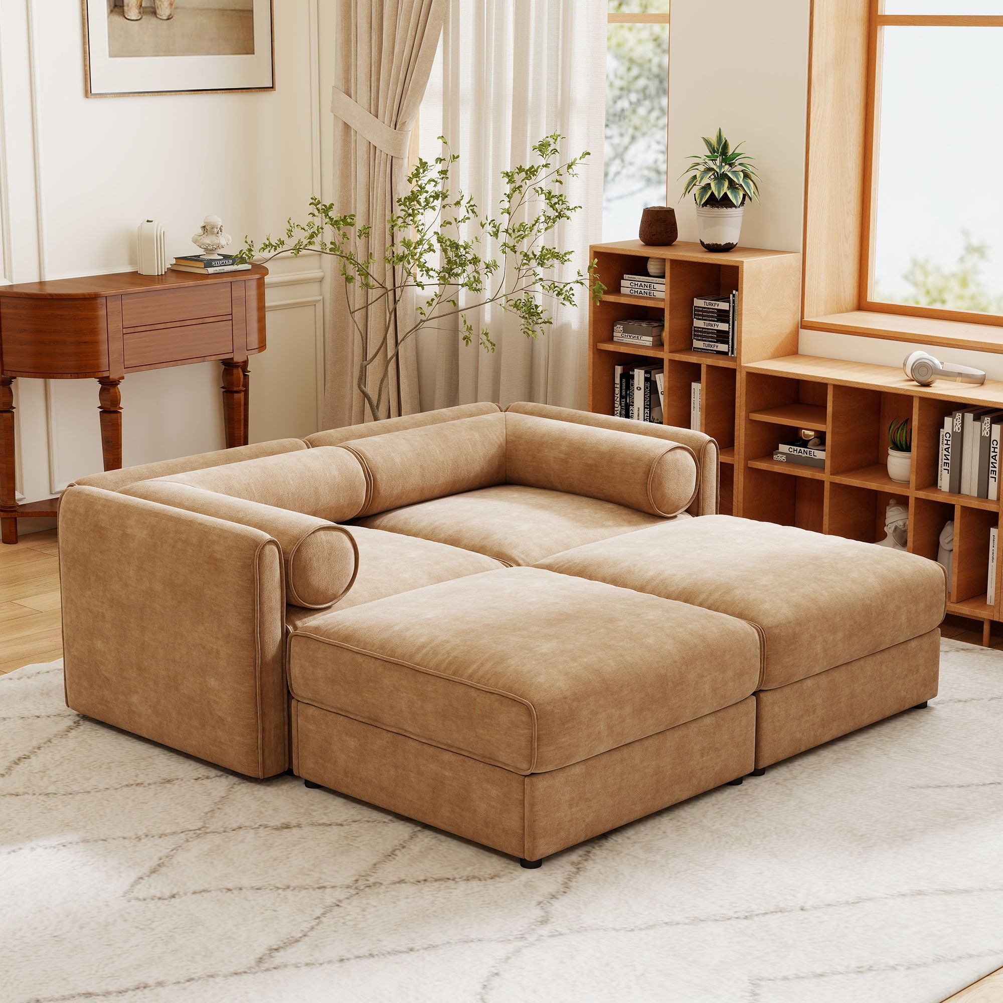 Contemporary Elegant White Chenille Sofa With Storage And Ottoman