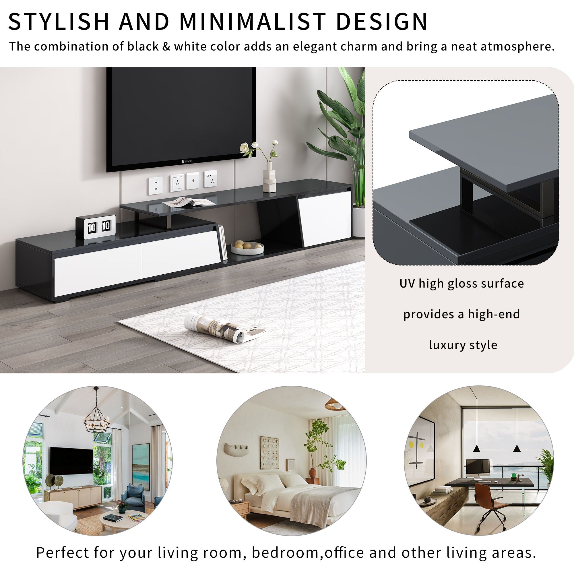 Minimalist Rectangle Extendable TV Cabinet With 2 Drawers And 1 Cabinet