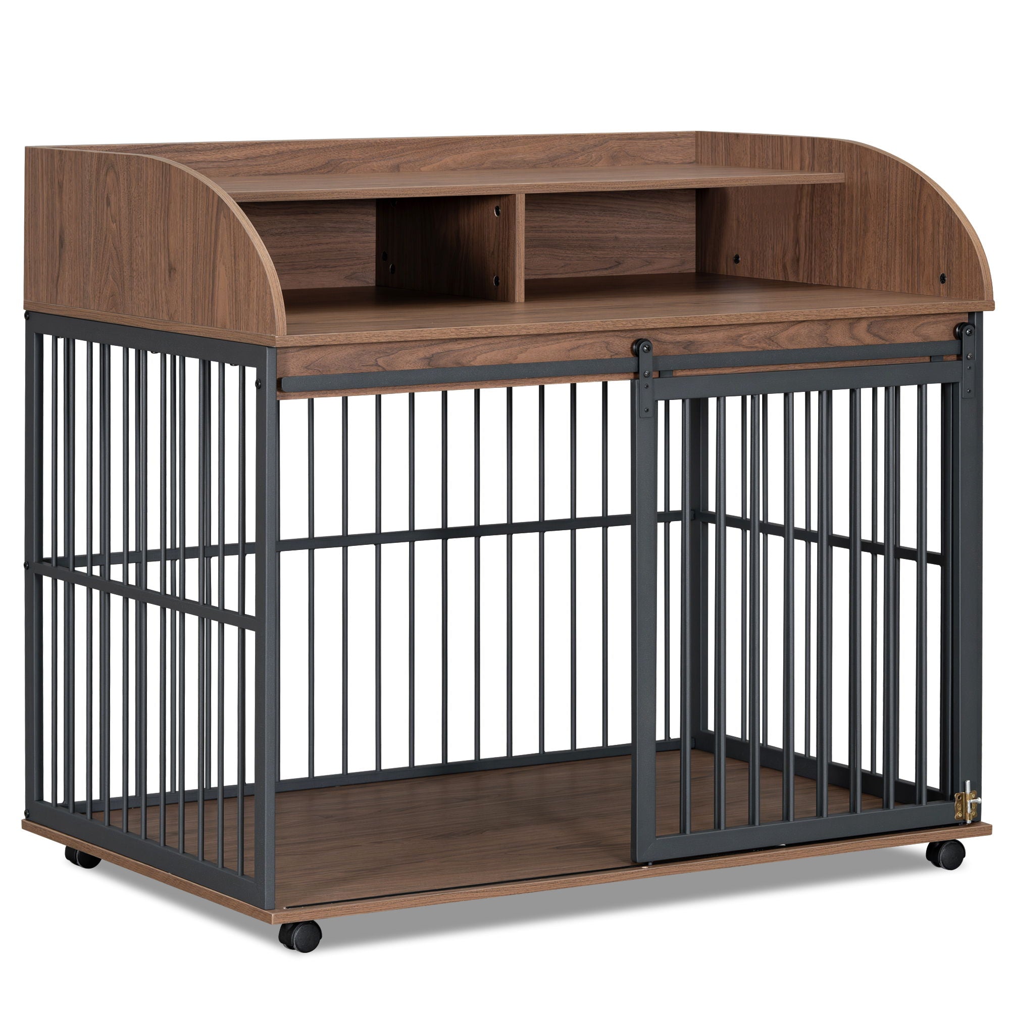 Heavy Duty Dog Crate Furniture For Medium Dog With Lockable Wheels, Wooden Dog Crate Dog Kennel, End Table Crate With Double Layer Storage