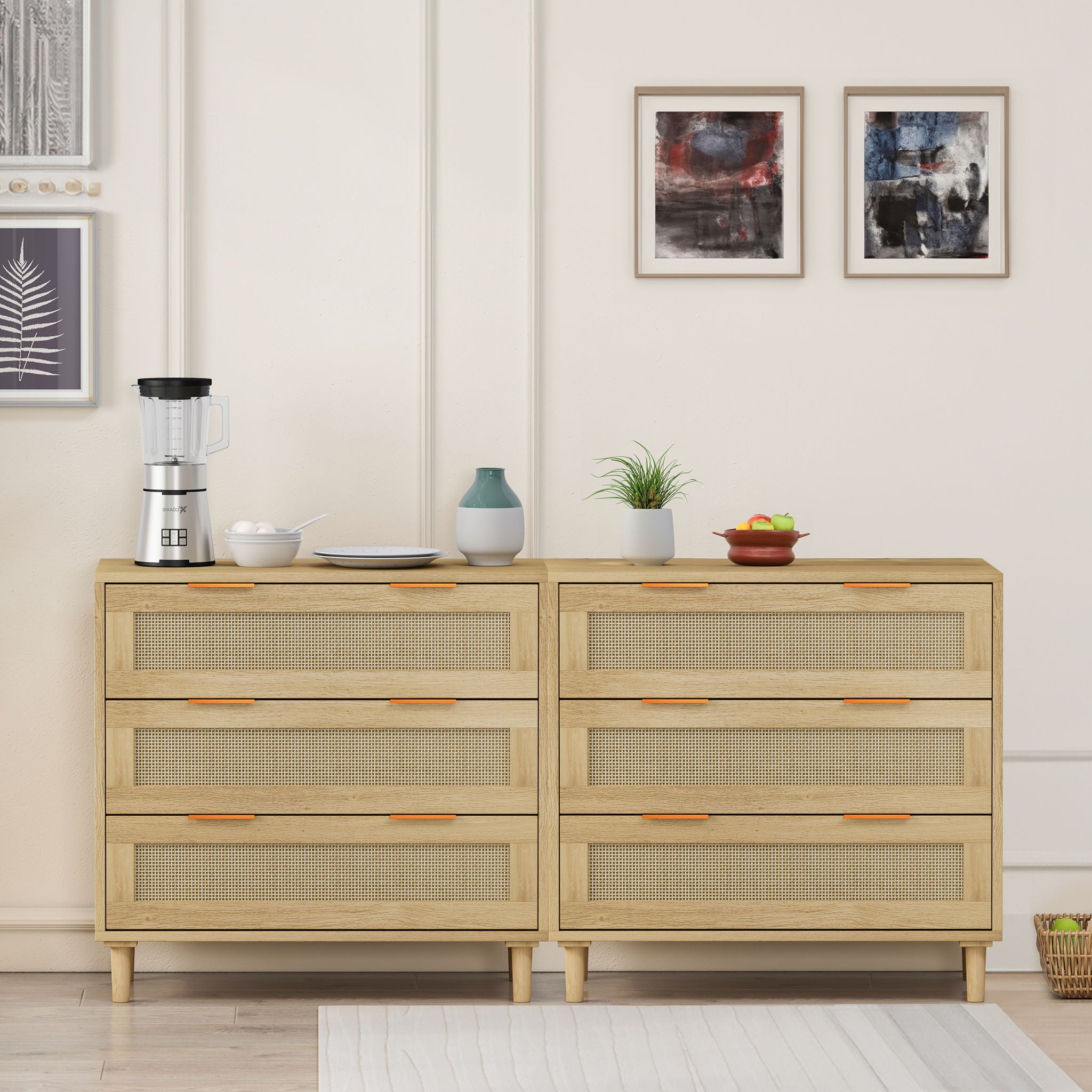 3 Drawers Rattan Storage Cabinet Rattan Drawer, For Bedroom, Living Room, Dining Room, Hallways (Set of 2) - Oak - Best Buy Furniture