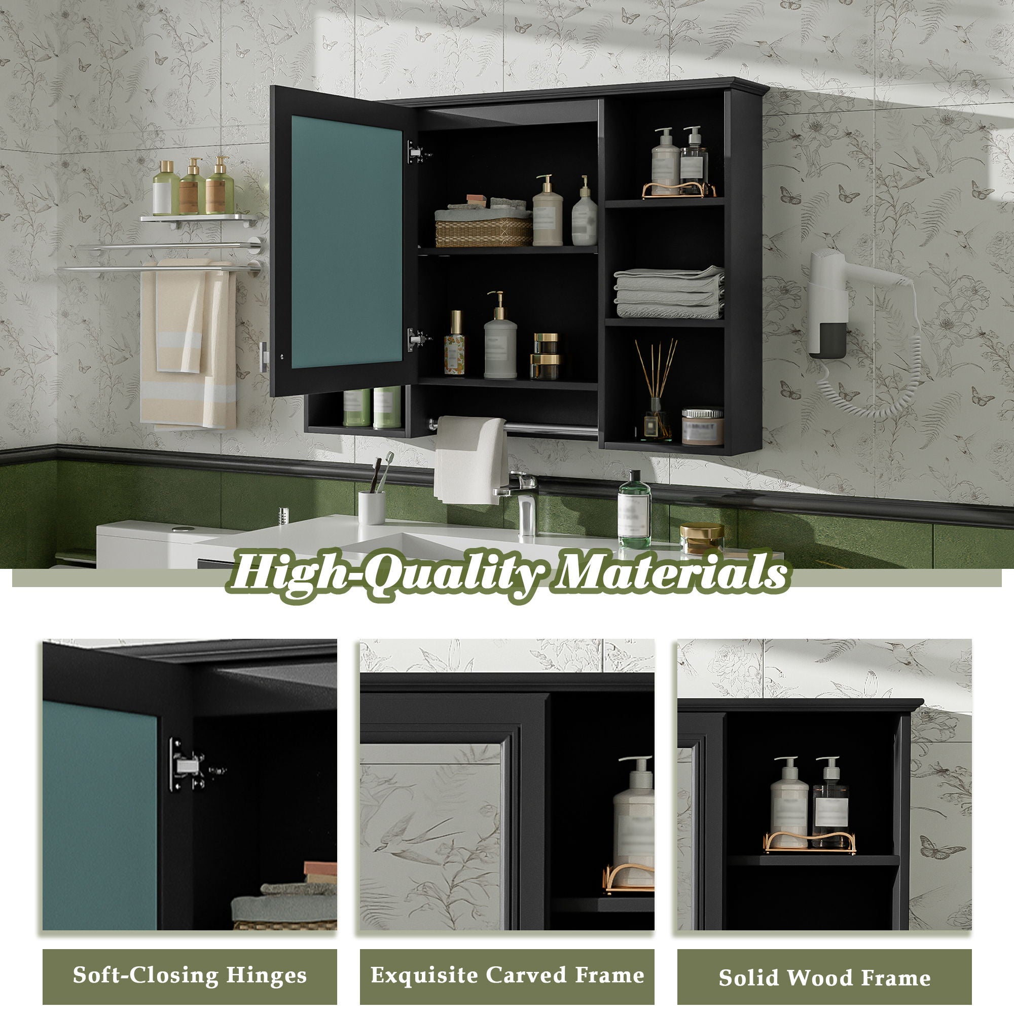 3 In 1 Modern Bathroom Mirror Cabinet With Adjustable Shelf, Soft Close Door, High Definition Mirror & Towel Bar
