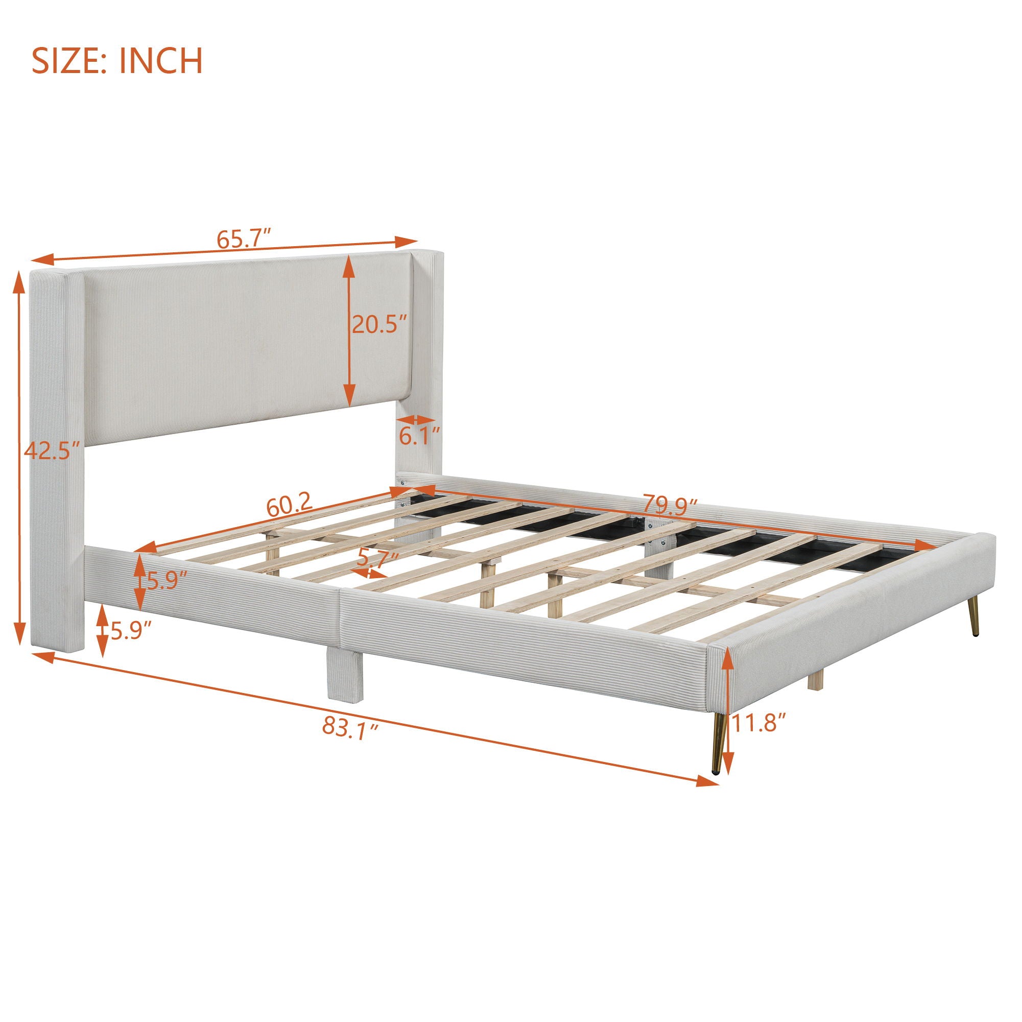 Platform Contemporary Bed With Legs And Upholstered Headboard