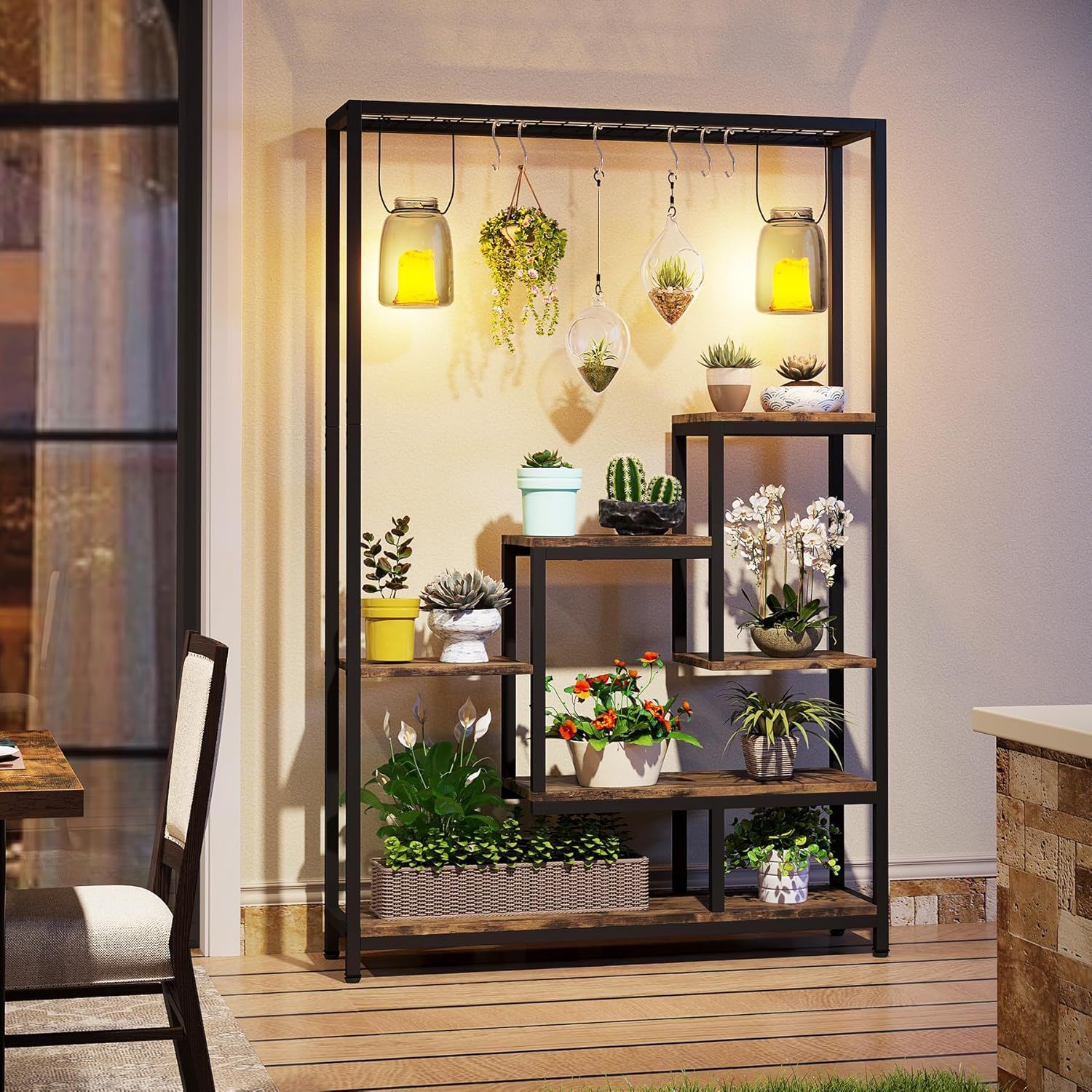 5 Tier Plant Stand With 6 Hooks For Living Room - Brown / Black