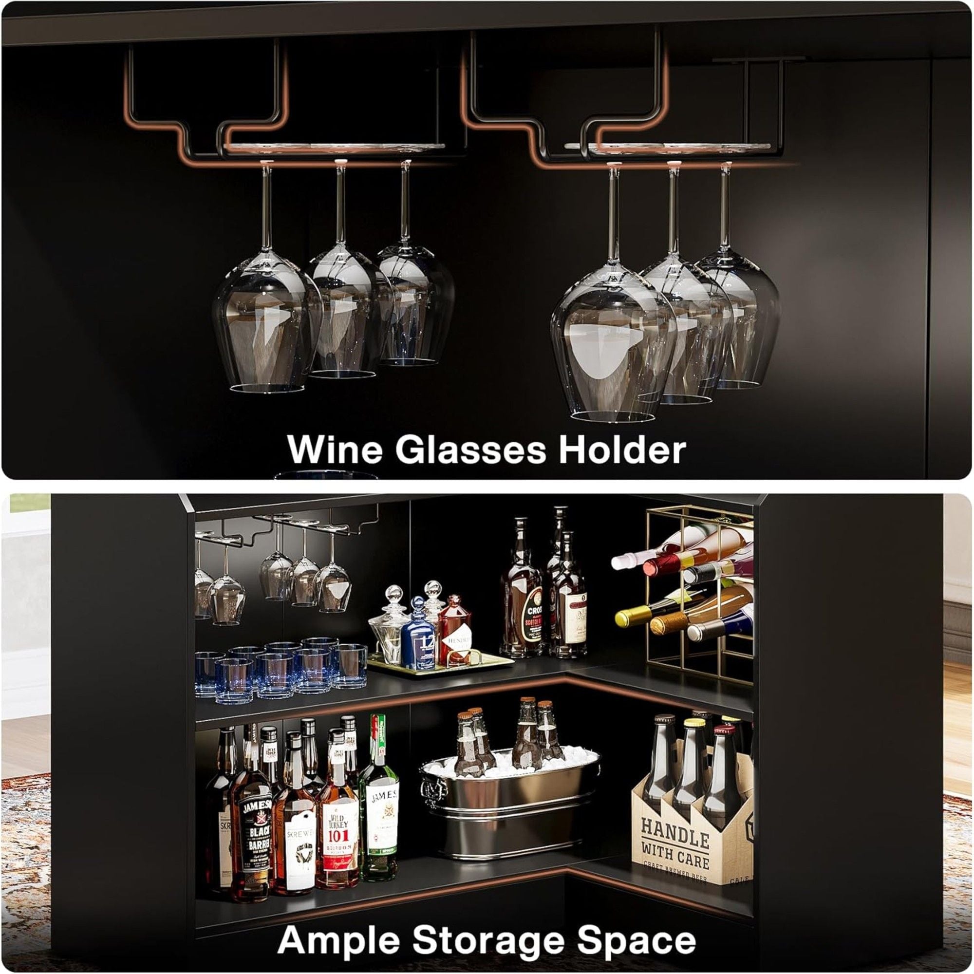 L-Shaped Home Bar Cabinet With Stemware Racks, 4 Tier Corner Unit, Liquor Wine Bar Table & Reception Desk For Home Pub - Black