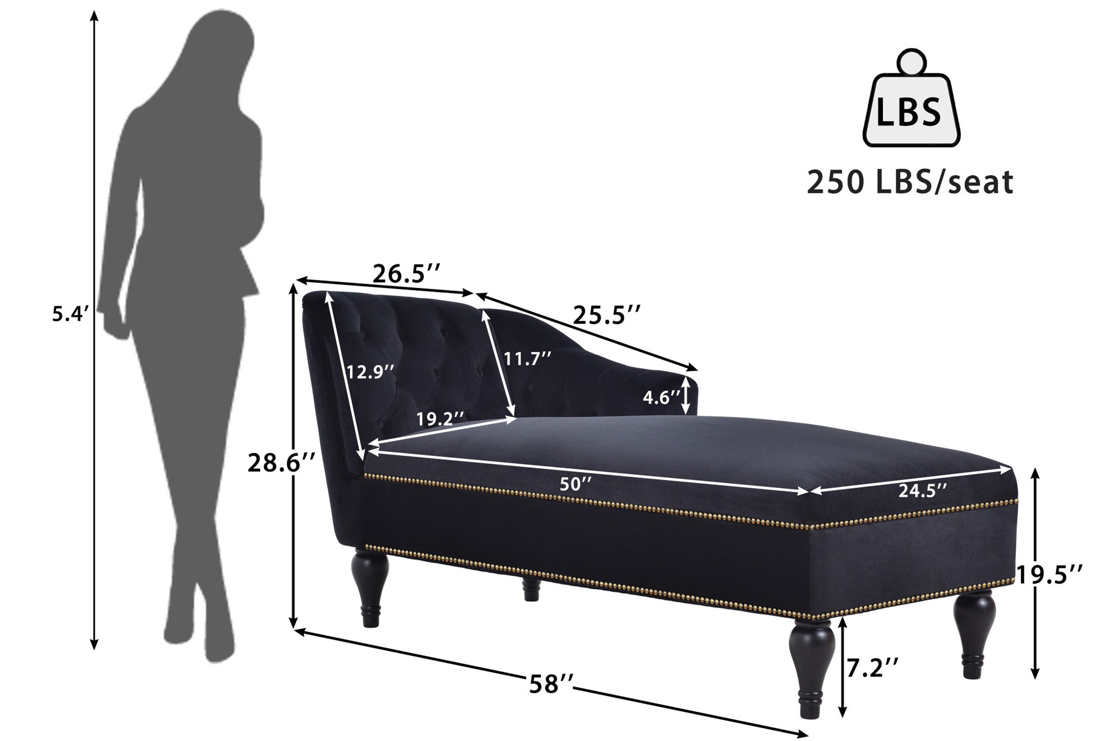 58" Velvet Chaise Lounge with Nailhead Trim and Solid Wood Legs