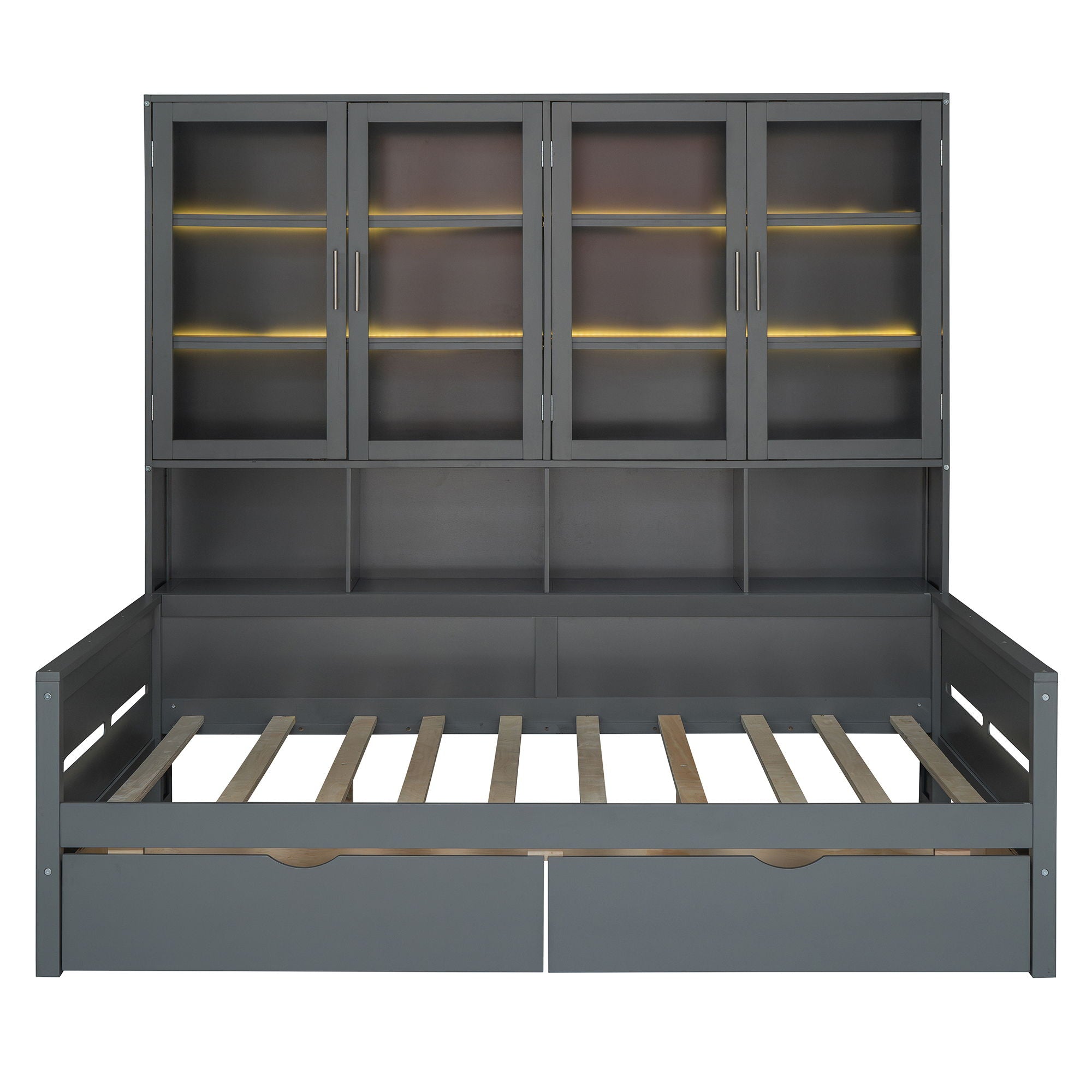 Daybed With Glass Door Storage Cabinets, Built In LED Lighting And Shelves