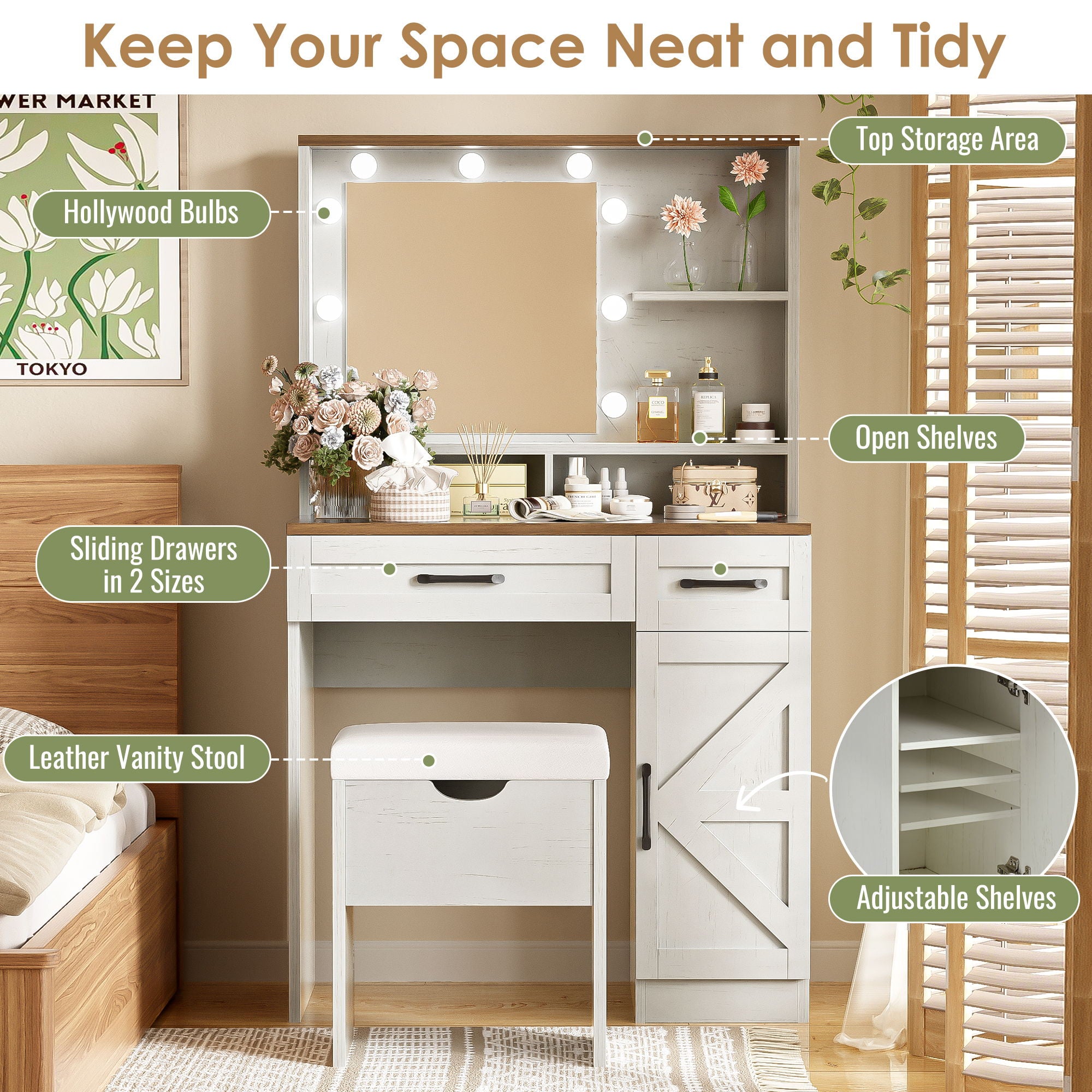 Farmhouse Makeup Vanity Desk With Mirror And Lights, 3 Lighting Modes, Vanity Set With Stool, Dressing Table With Adjustable Shelves, 2 Drawers And Side Cabinet For Bedroom - White - Best Buy Furniture