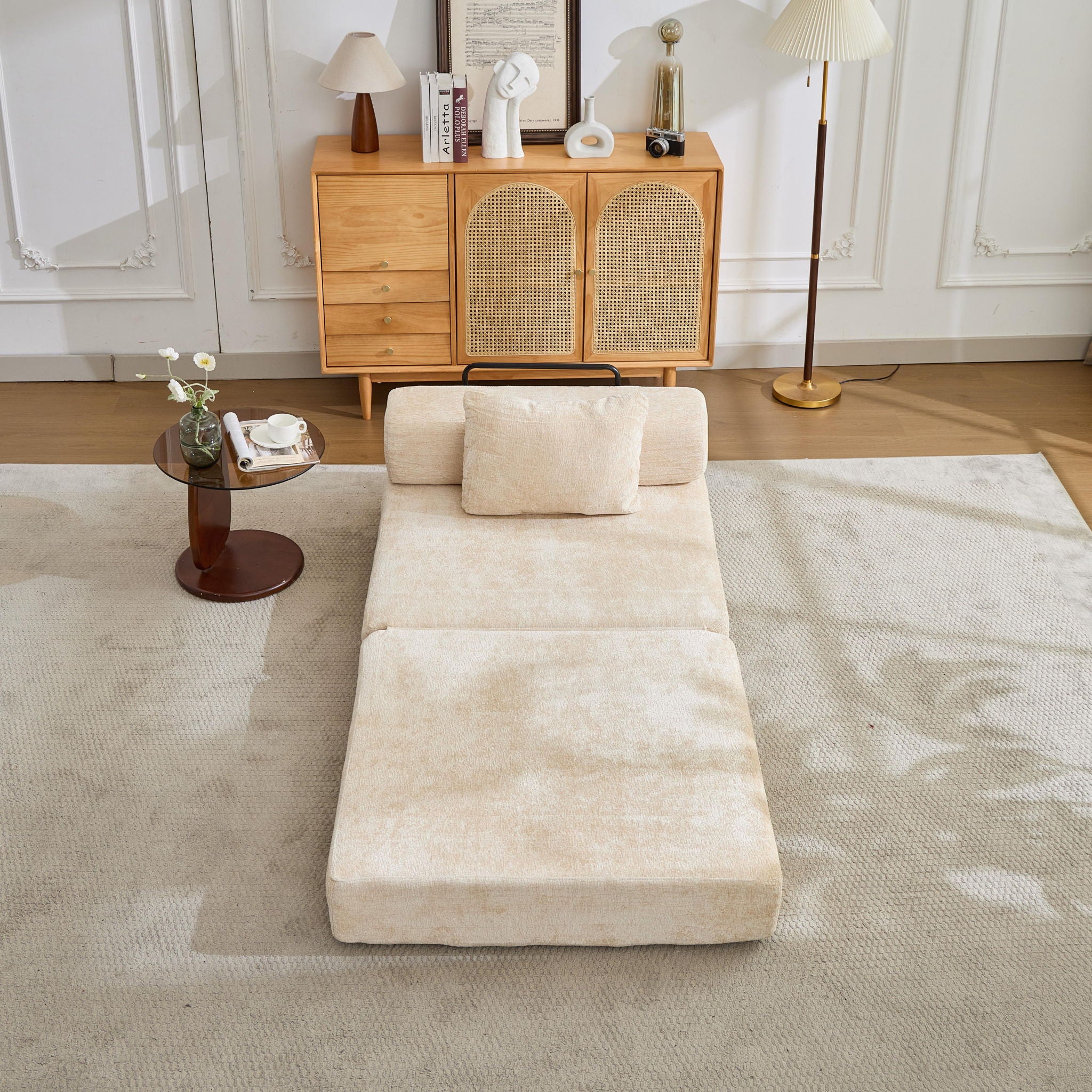 Convertible Floor Sofa Bed With Fixed Shape Frame For Living Room - Beige