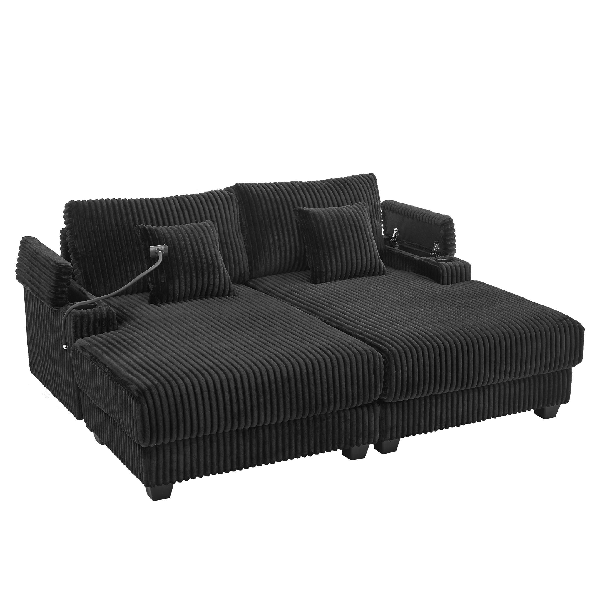 Modern Chaise Sofa With Adjustable Backrest, Cup Holders, Phone Holder & Storage Compartments For Living Room