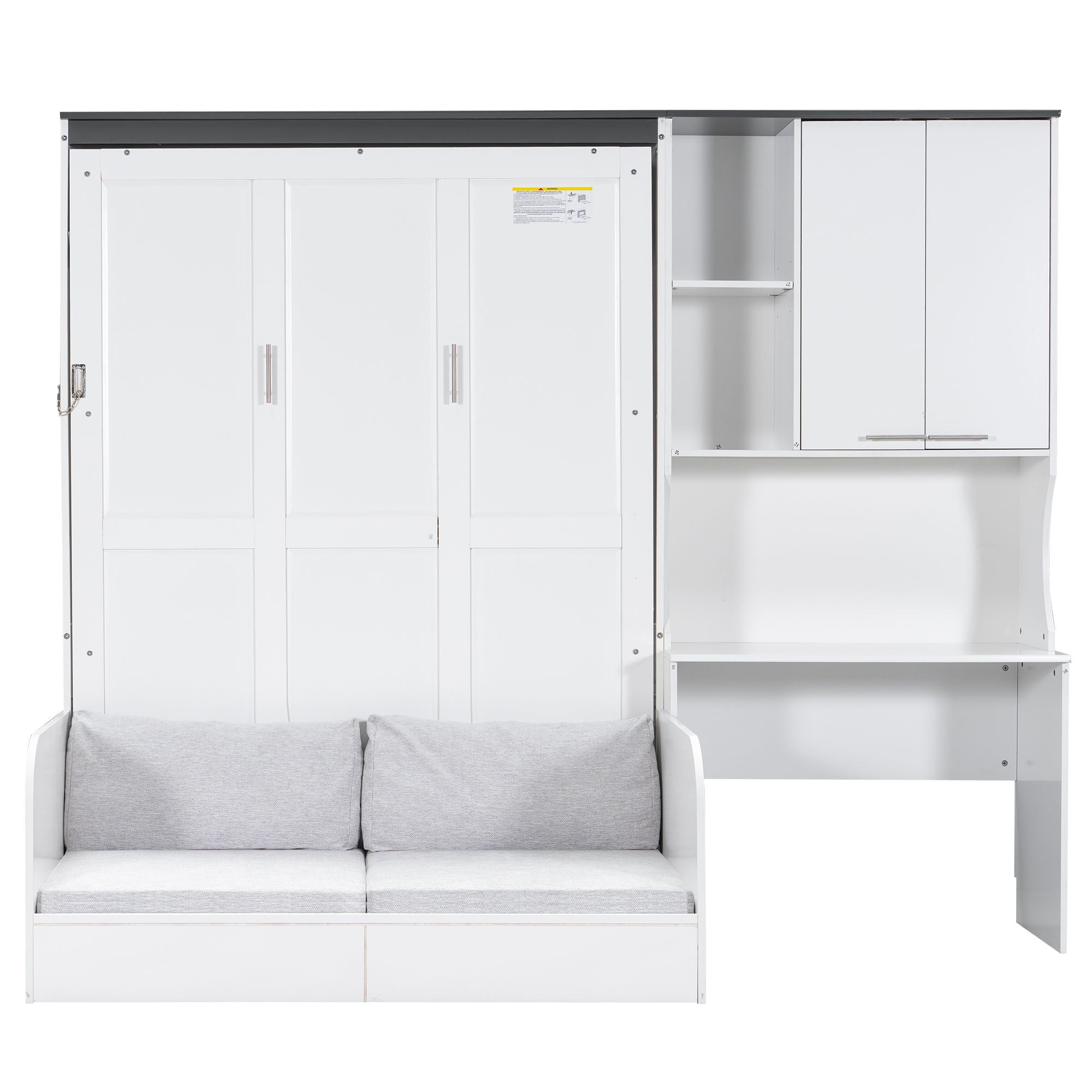 Multi Functional Murphy Bed With Sofa, Desk, And Storage Cabinet In, Full Size - White