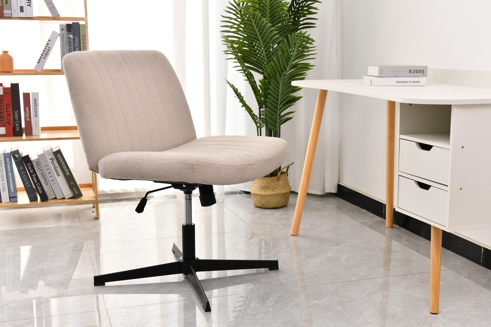 Cross Legged Office Chair, Wide Comfty Desk Chair, Vanity Home Chair No Wheels Armless Computer Task Chair, Swivel And Height Adjustable - Beige