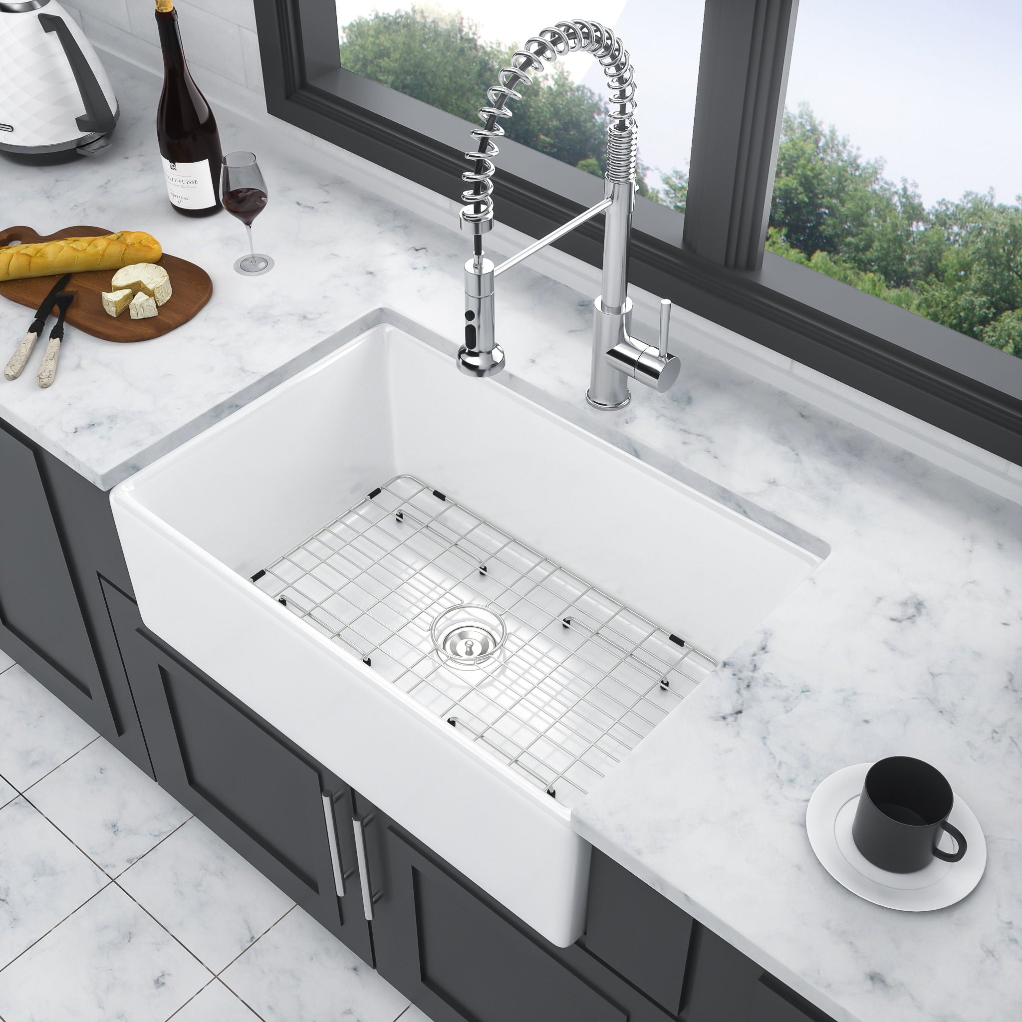 Sink 30" Apron Front Reversible Single Bowl Kitchen Sink With Grid, Strainer - White