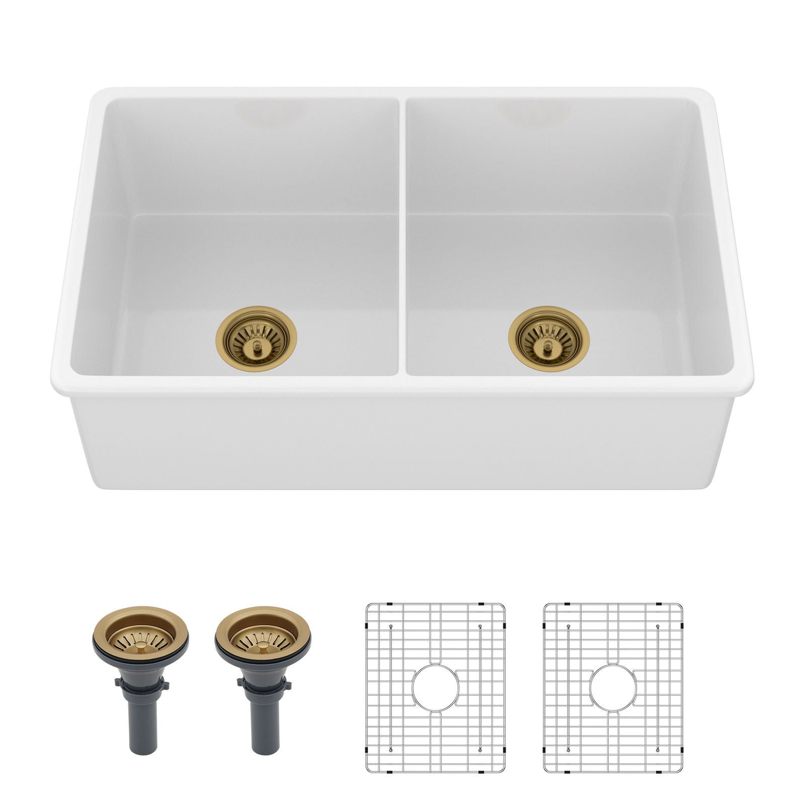 32" Undermount Double Bowl Kitchen Sink Rectangular Deep Dual Bas With Grids - White