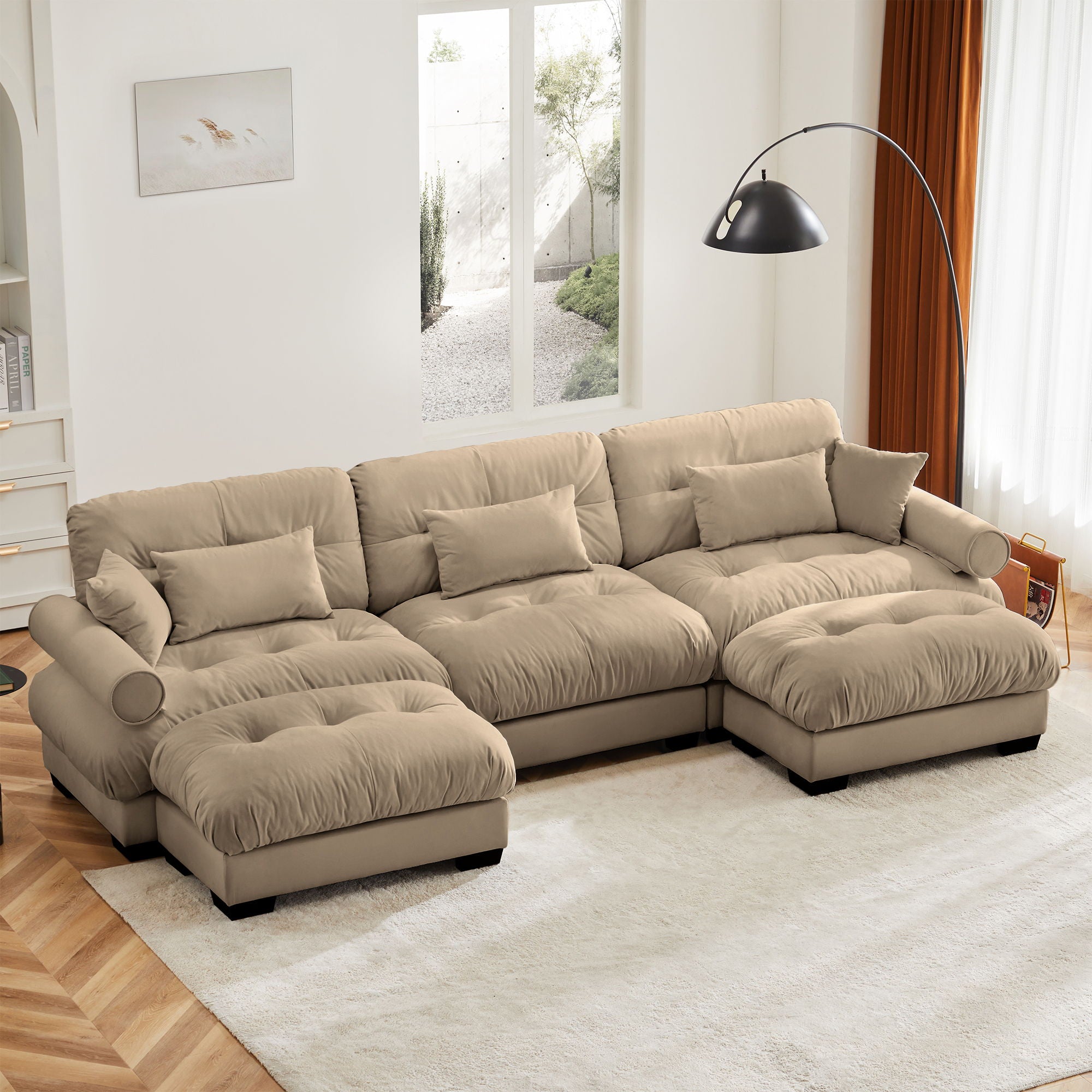 Modern Sectional Sofa With Ottoman, Round Bolster Armrests, Waist And Throw Pillows