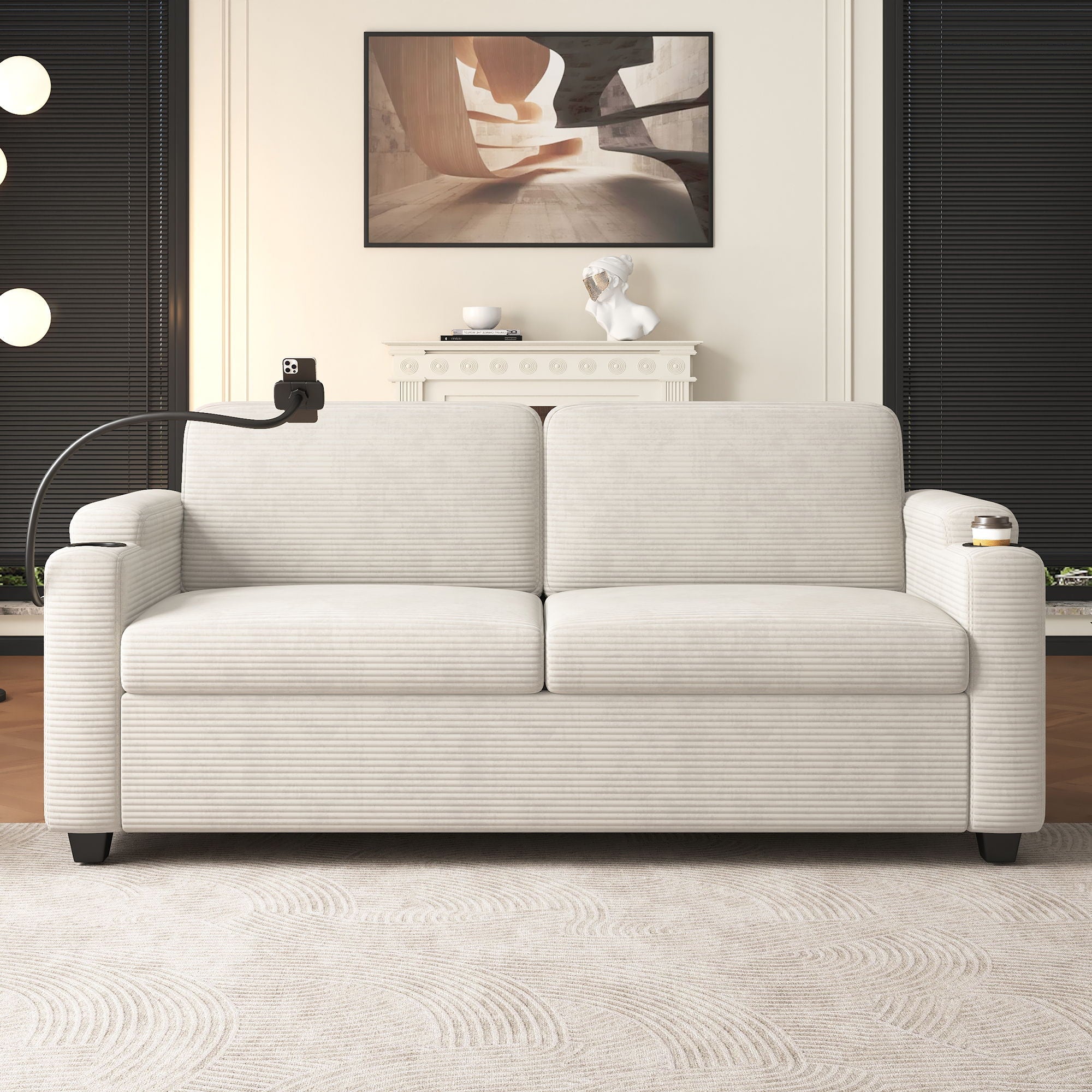 Corduroy Sleeper Sofa Loveseat Sofa With Full Size Mattress, 2 USB Ports, 2 Cup Holders, 2 Side Pockets And Phone Holder