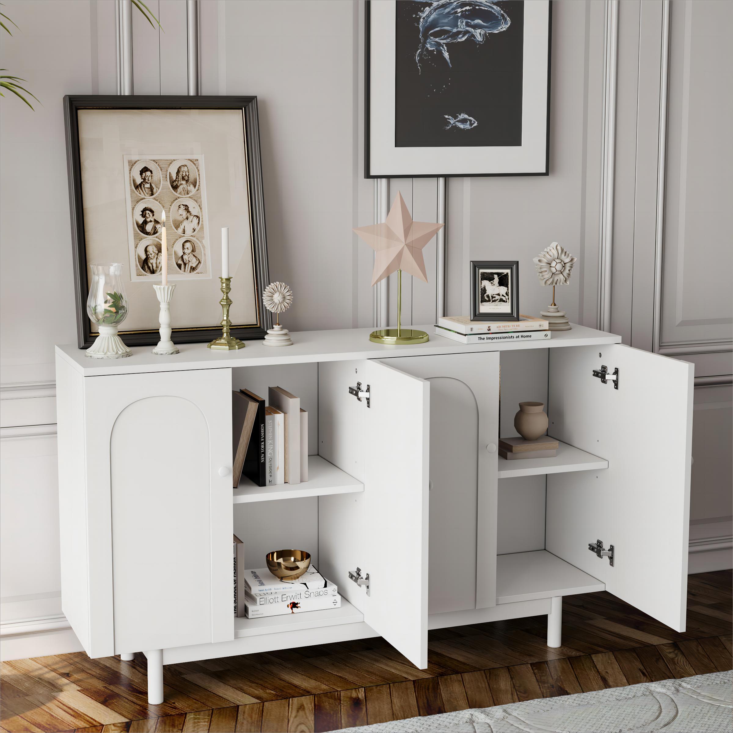 Stylish 4-Door Intaglio Storage Cabinet with Pine Legs and Solid Wood Pulls