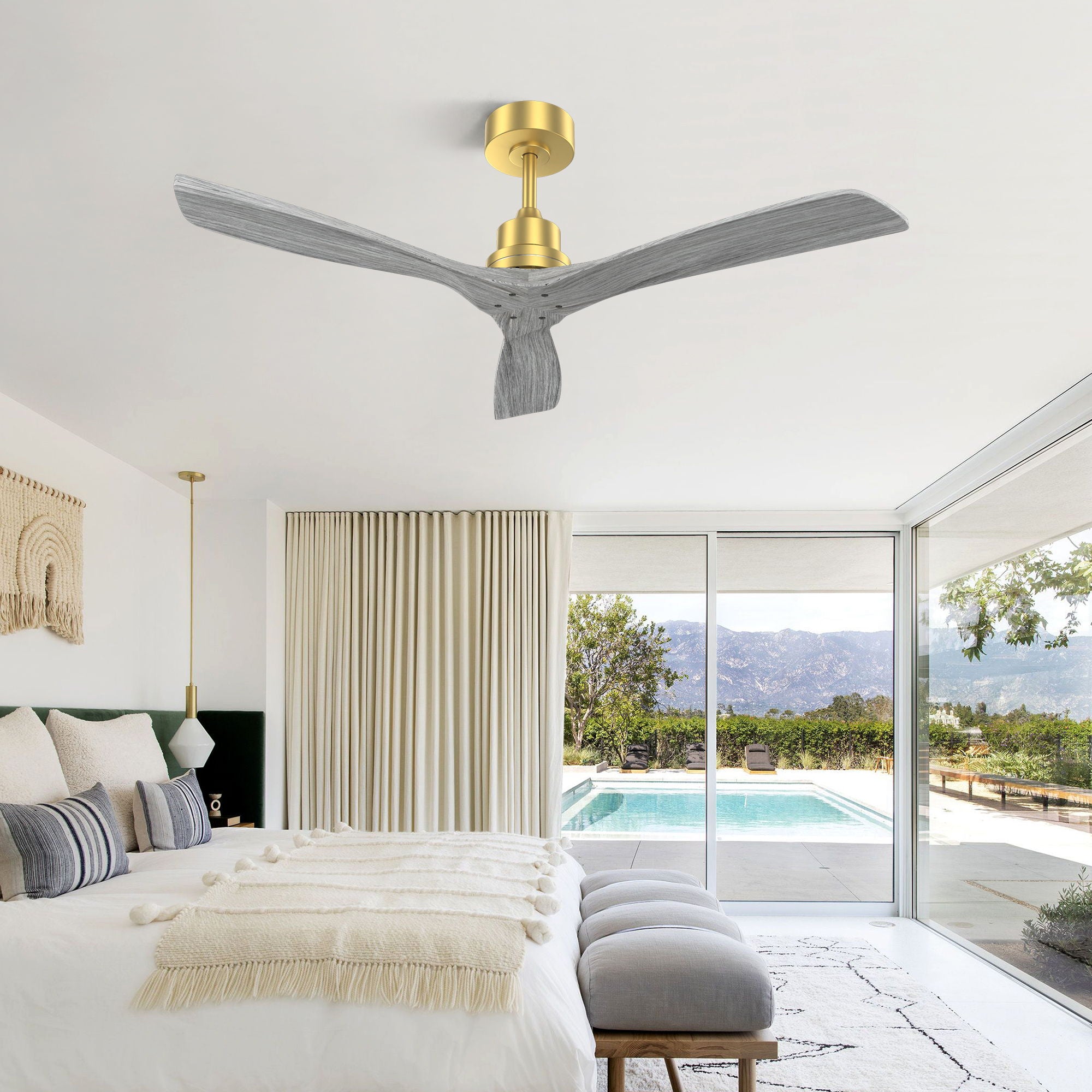 Indoor Ceiling Fan Without Light 3 Solid Wood Blades Remote Control Reversible Dc Motor - Gold