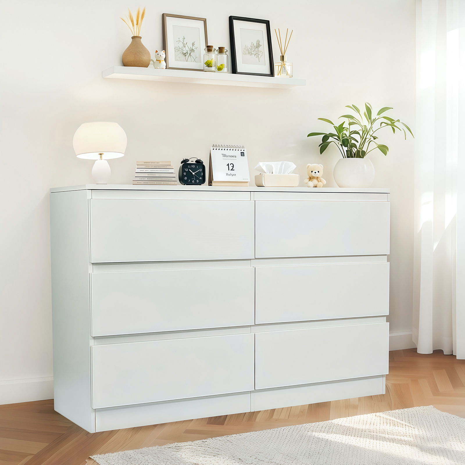Modern 6 Drawer Dresser With Spacious Countertop And Concealed Handles, Storage Cabinet For Bedroom And Living Room - White