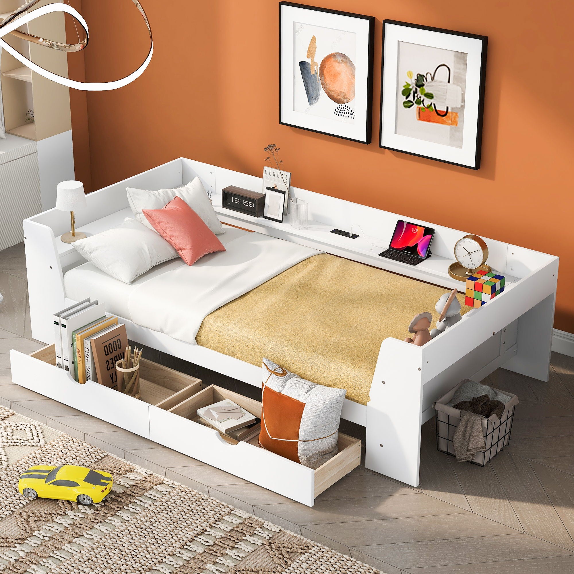 Daybed With Shelves, Drawers And Built In Charging Station