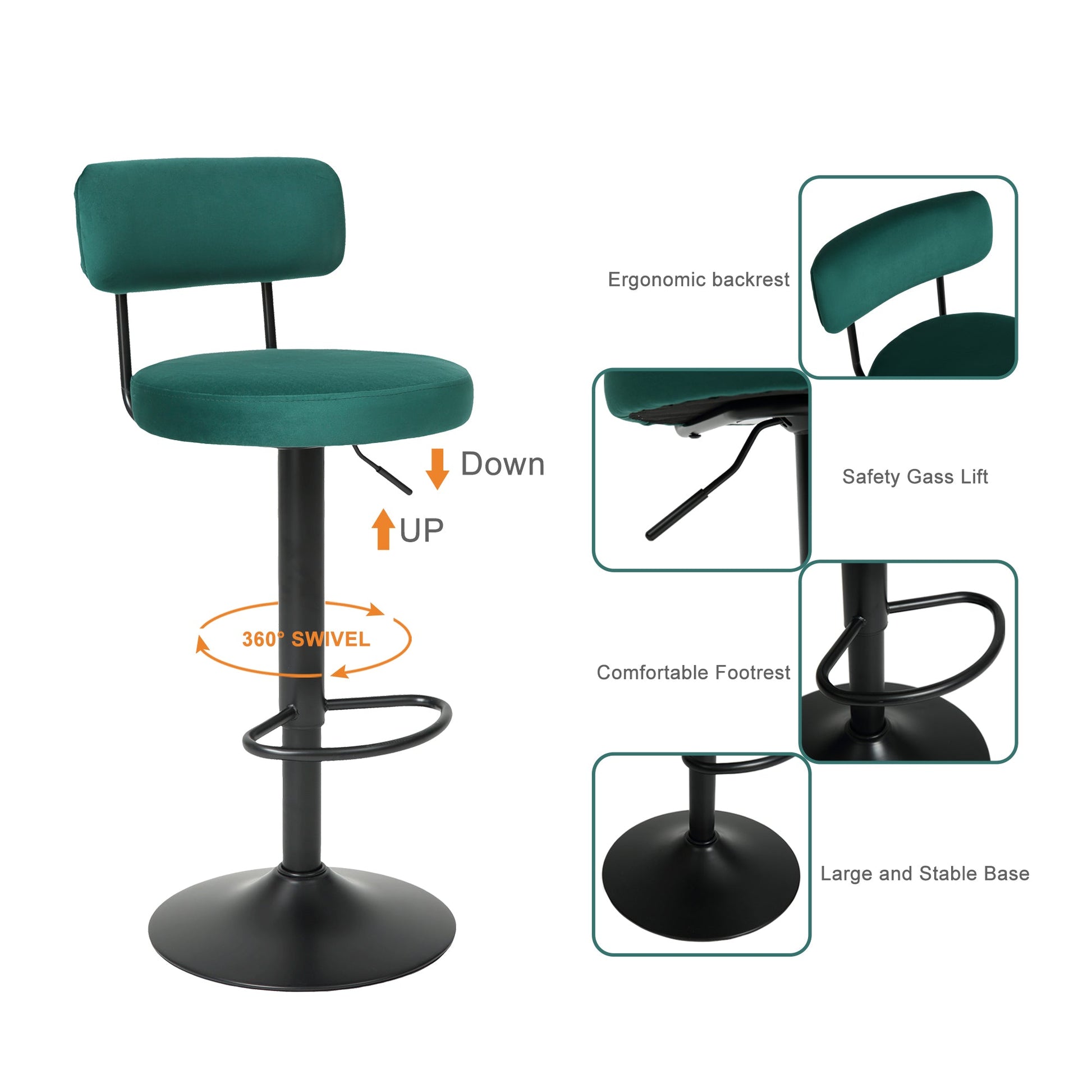 Set of 2 Adjustable Velvet Bar Stools with Curved Backrest & Swivel - Best Buy Furniture