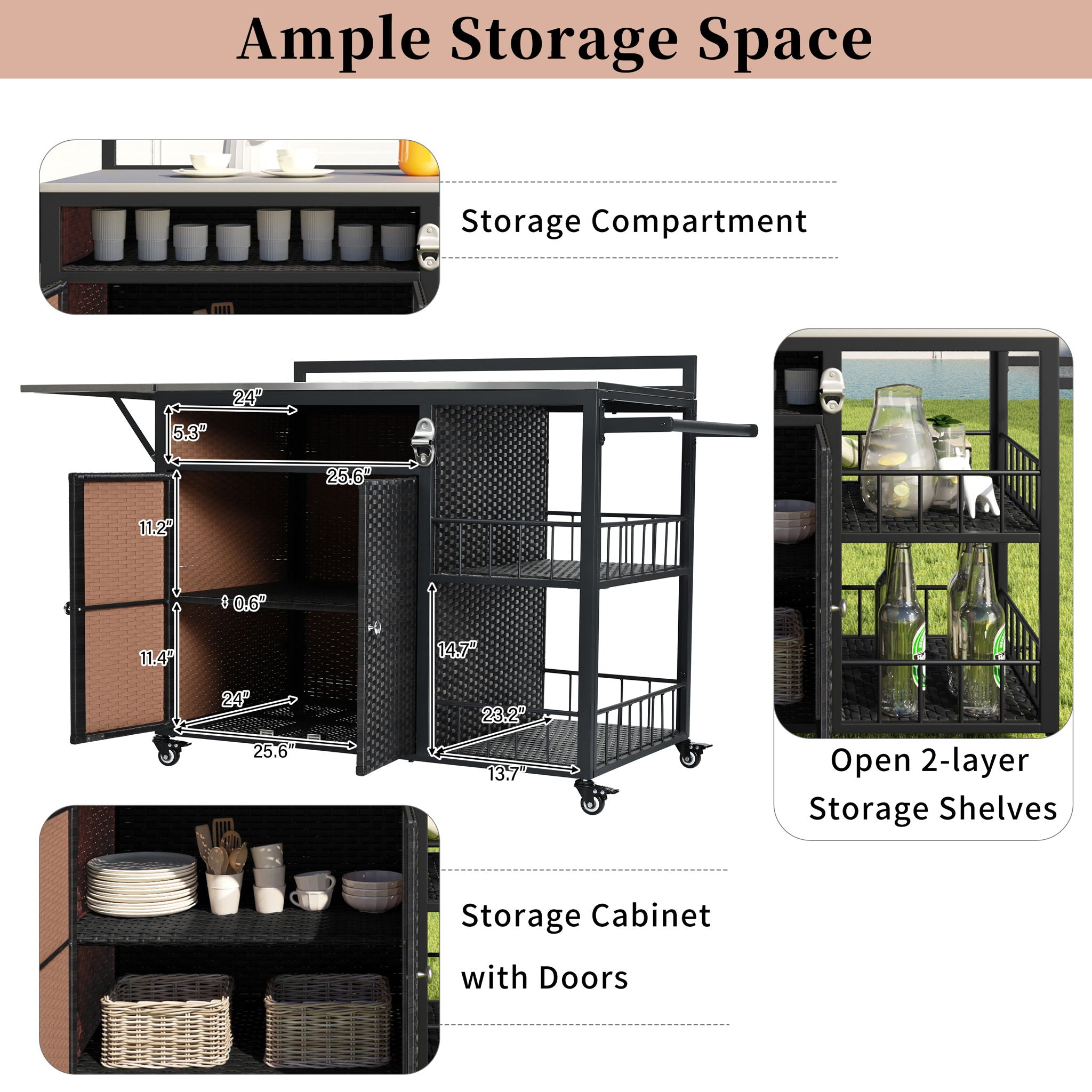 Outdoor Kitchen Island With Storage, Cooking Station, Grill Cart, Foldable Tabletop, And Bottle Opener - Dark Brown