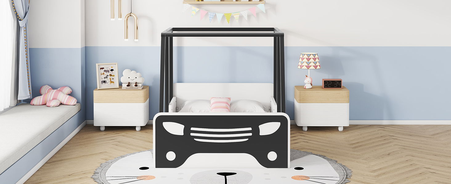 Twin Size Car-Shaped Bed With Roof, Wooden Twin Floor Bed With Wheels And Door Design, Montessori Inspired Bedroom