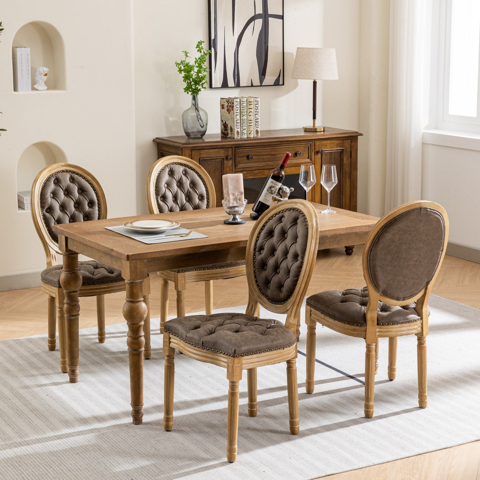 French Style Solid Wood Frame Antique Painting, Hand-Pulled Buckle Decoration PU Artificial Leather Dining Chair With Nailhead Trim, Wood Legs