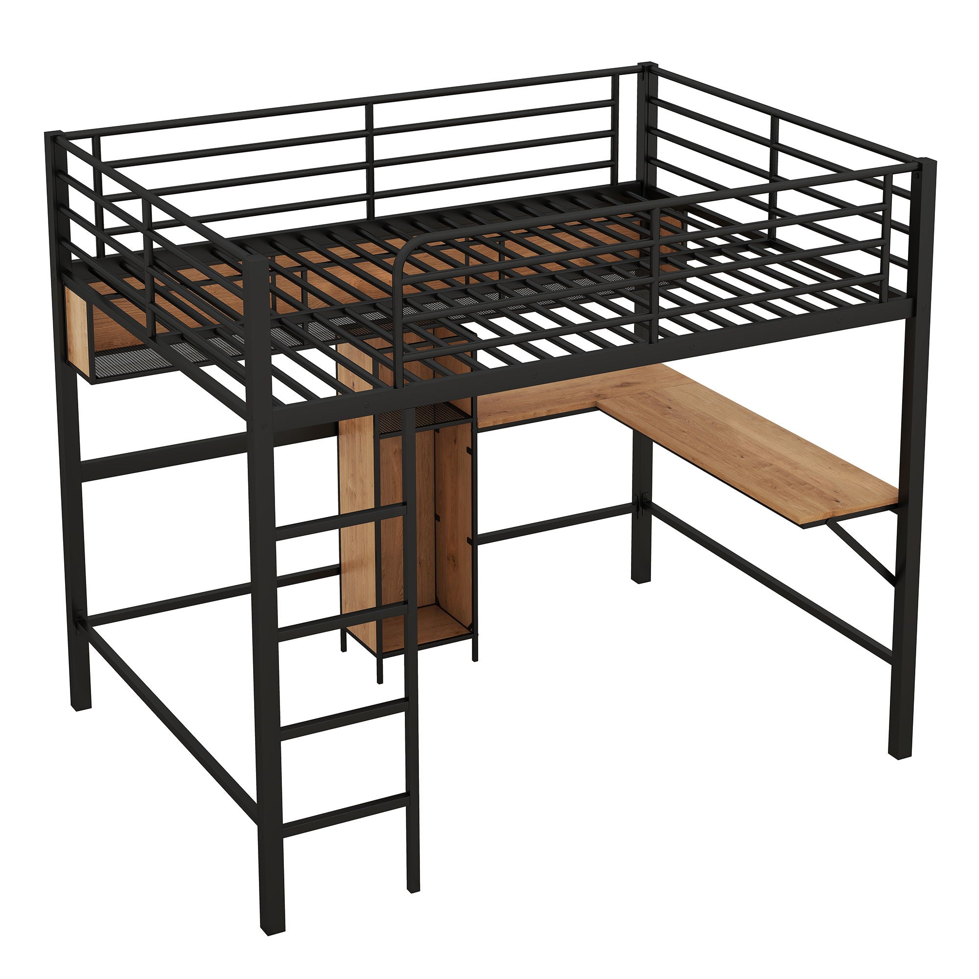 Full Size & Loft Bed With L-Shaped Desk And Shelves - Black