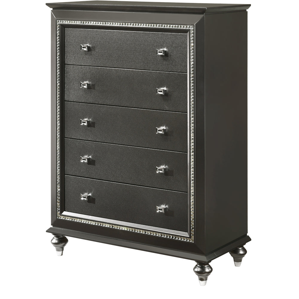Silver Grey 5-Drawer Chest with Crystal Accents and Embossed Detailing