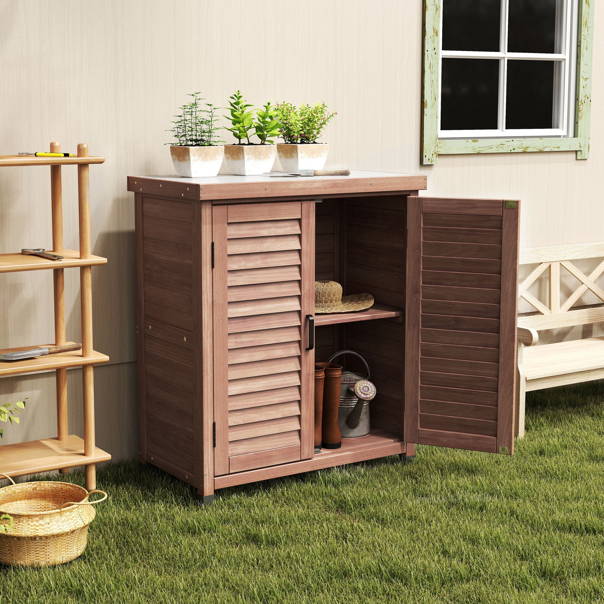 Potting Bench With Storage Cabinet And Metal Table Top For Outdoor - Best Buy Furniture