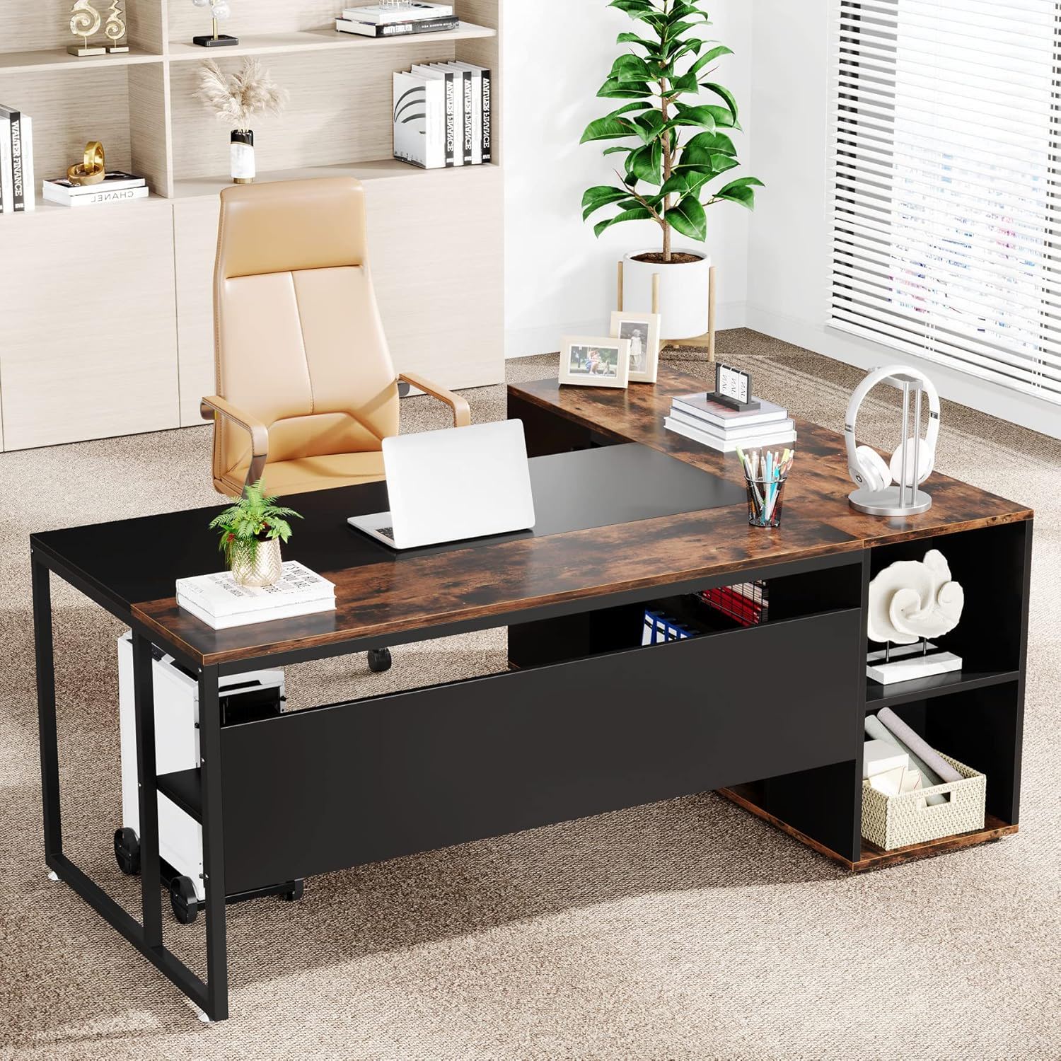 L-Shaped Executive Desk With Storage Cabinet & Shelves, Home Office Workstation With Cpu Stand And Printer Station - Brown / Black