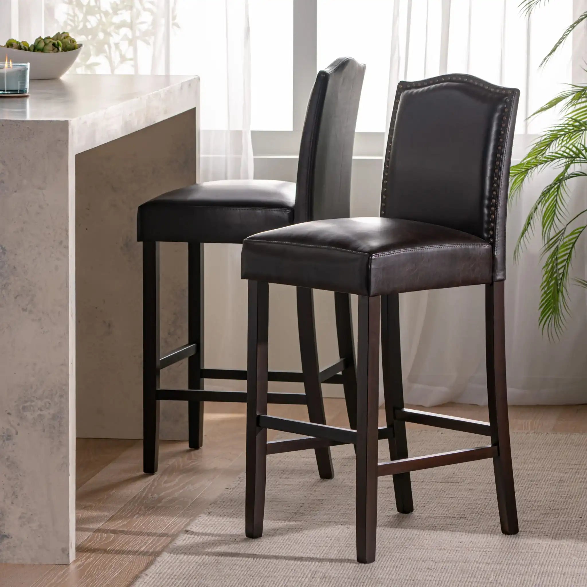Bar Stools (Set of 2), Upholstered Barstools Armless, Rubber Wood Leg - Brown