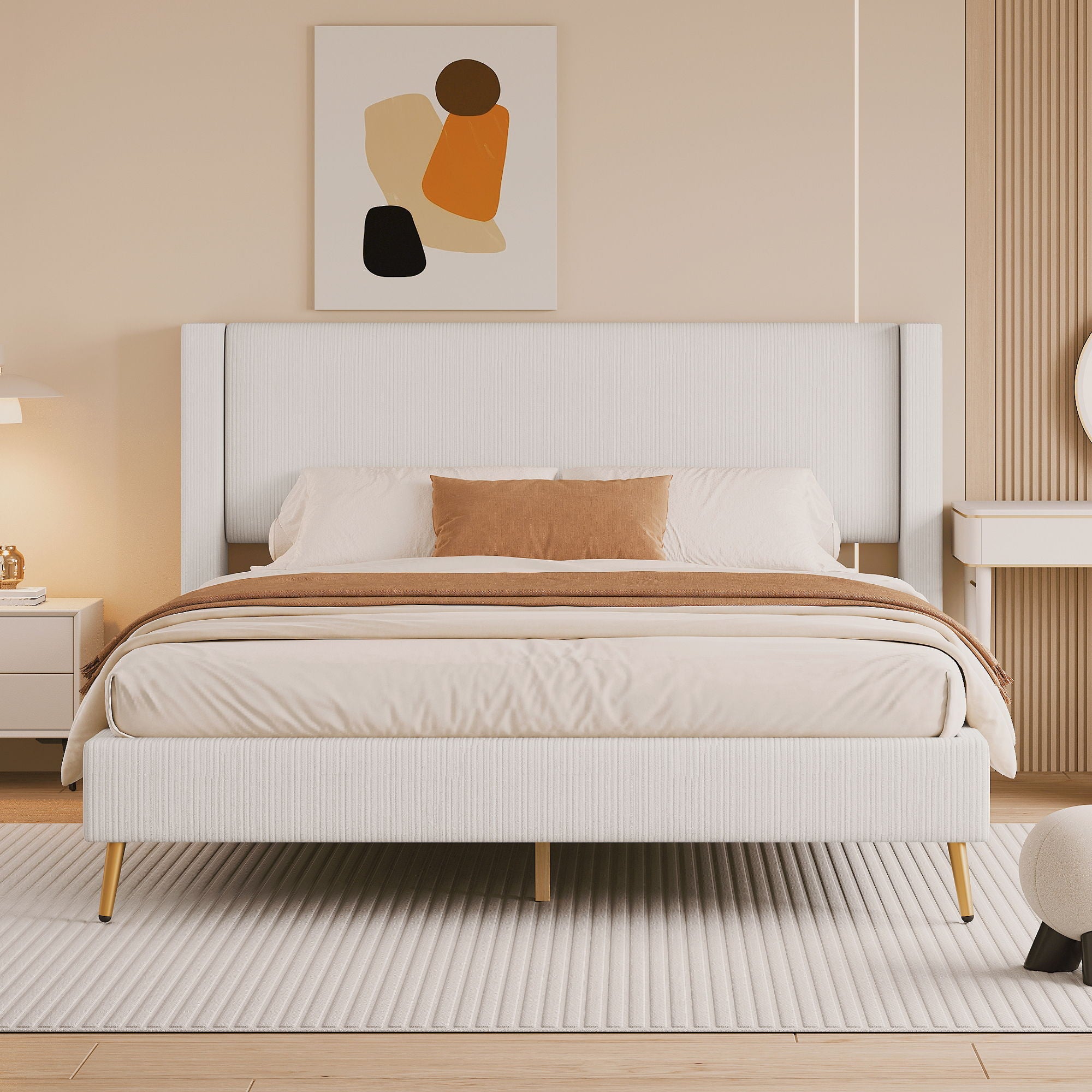Platform Contemporary Bed With Legs And Upholstered Headboard