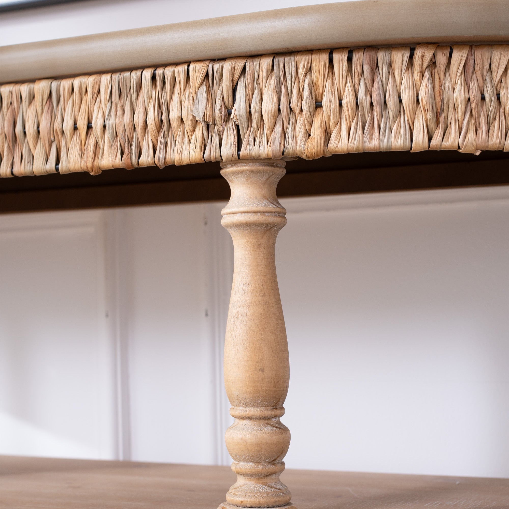 Handcrafted Wood Console Table with Hand-Woven Trim, 3-Tier Storage Shelves, Oval Entryway Table with Carved Legs, Rustic Coastal Farmhouse Accent Table, 49' Hallway Sofa Table