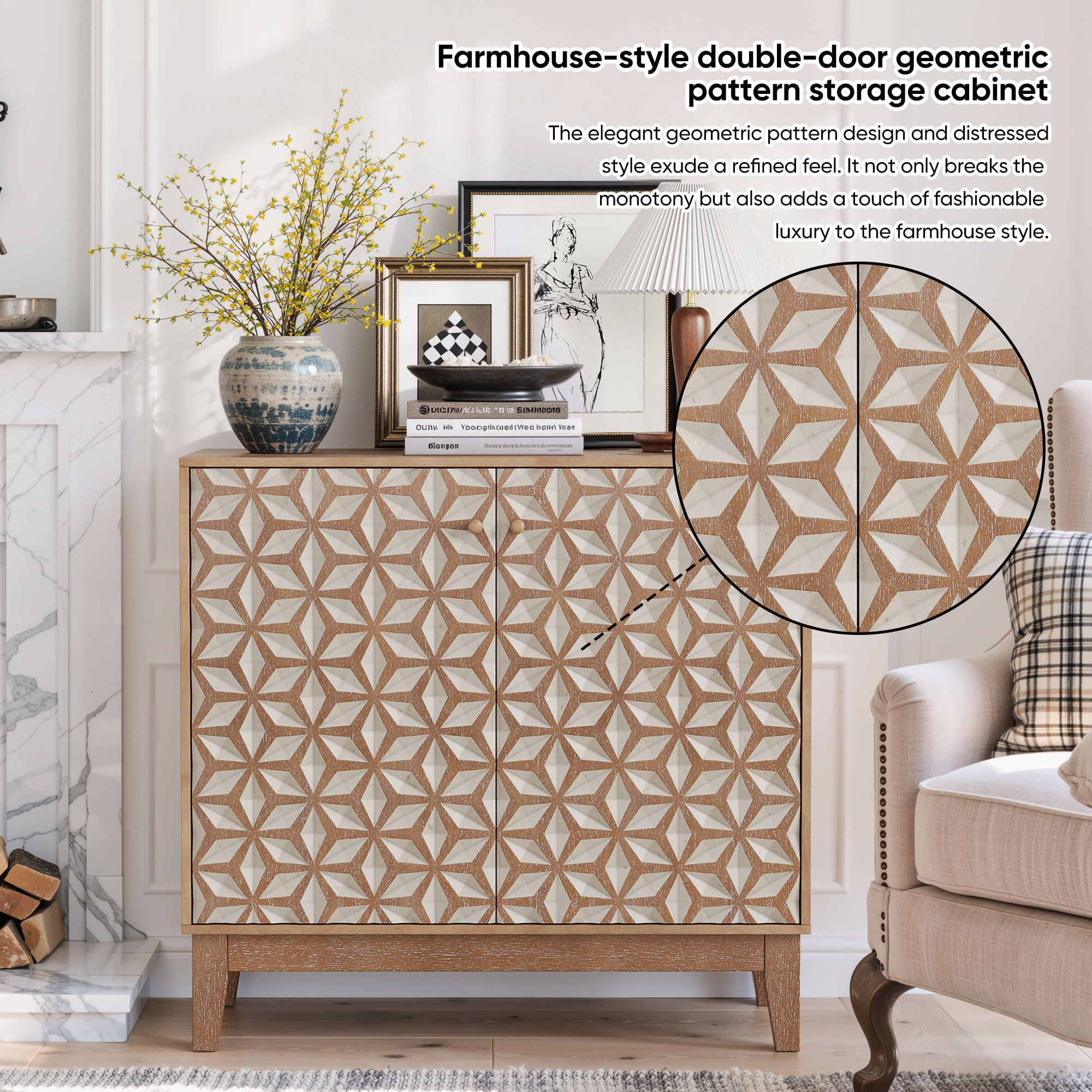 Geometric Design Sideboard With 2 Doors And Adjustable Shelves - Tangerine / Walnut