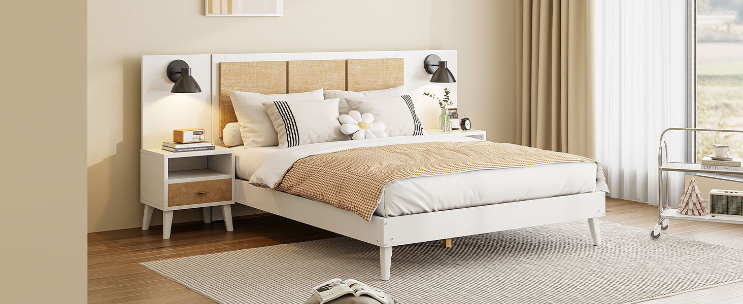 Bed Frame With 2 Nightstands Elegant Design With Lamps