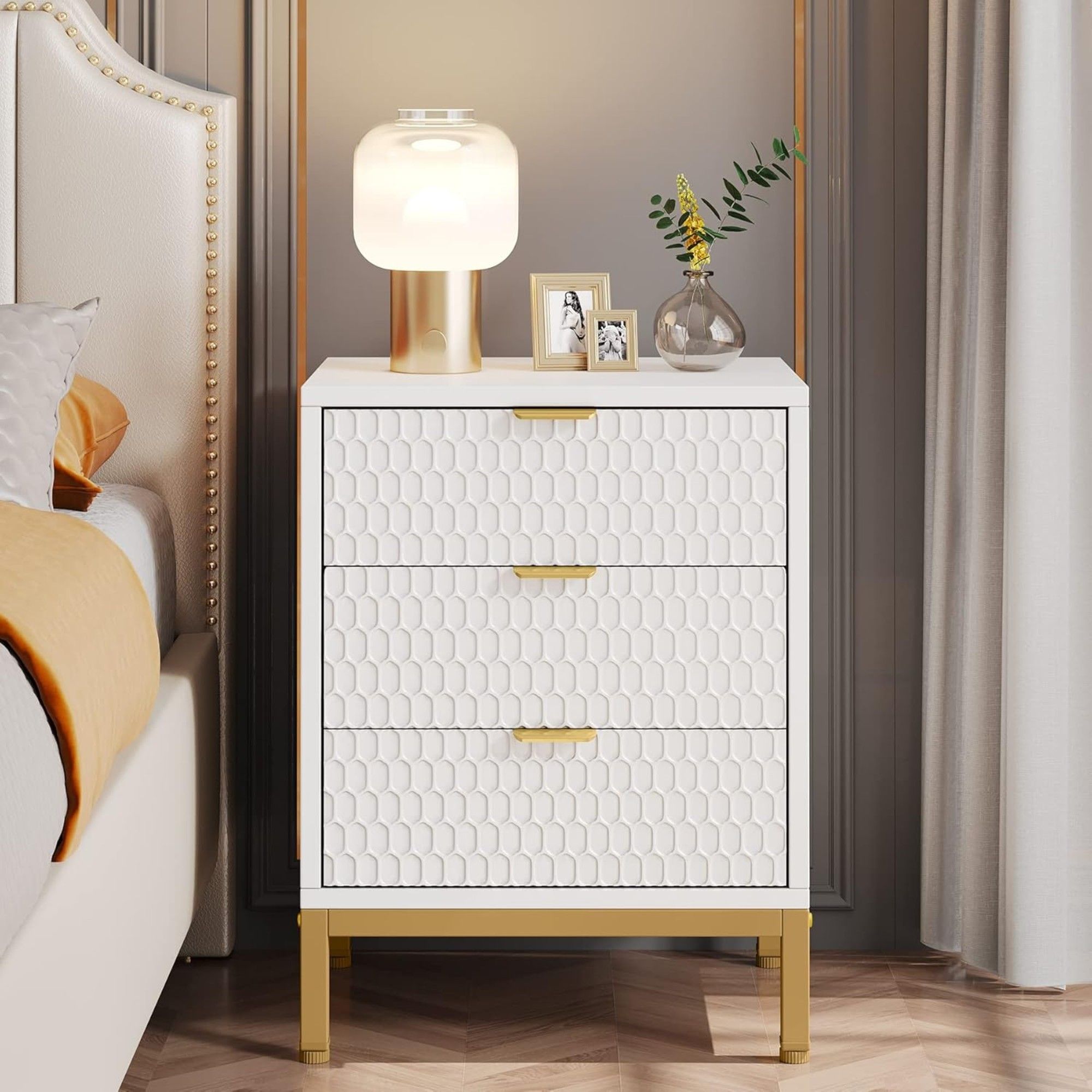 3 Drawer Nightstand With Hexagon Pattern, Storage Table For Living - White