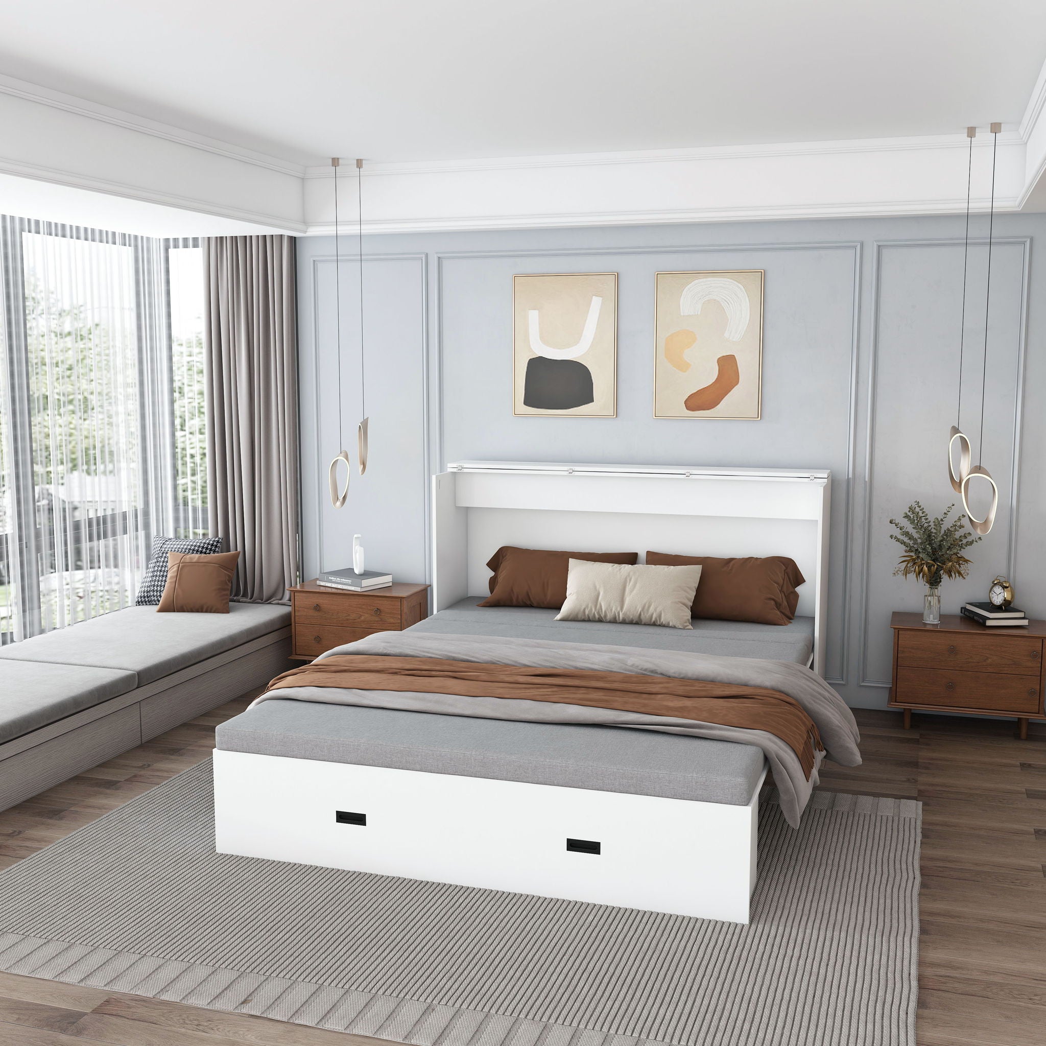 Murphy Bed With Storage Drawers And Charging Cabinet, Foldable Panels, Swivel Wheels