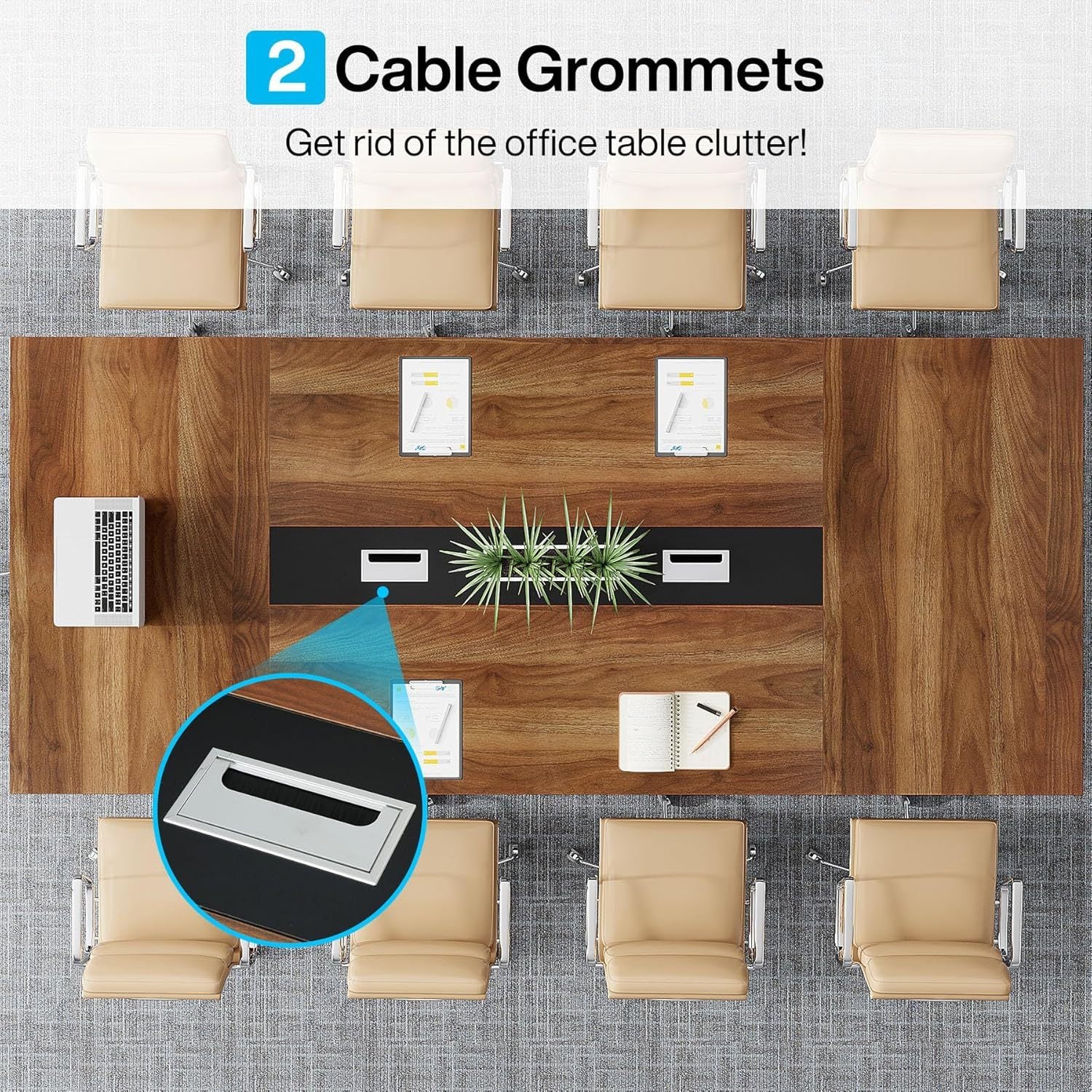 94.5' Large Conference Table for 8-10 People, Modern Office Meeting Table with Cable Management, Heavy-Duty Metal Legs, Training & Boardroom Furniture, Brown Walnut Finish - Best Buy Furniture