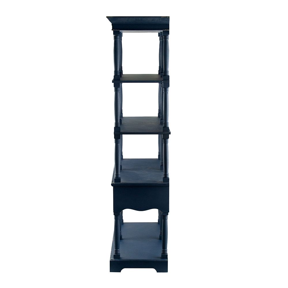 4 Tiered Wooden Shelf With Two Drawers, Farmhouse Wood Bookcase Display Storage Shelf Etageres - Antique Navy Blue