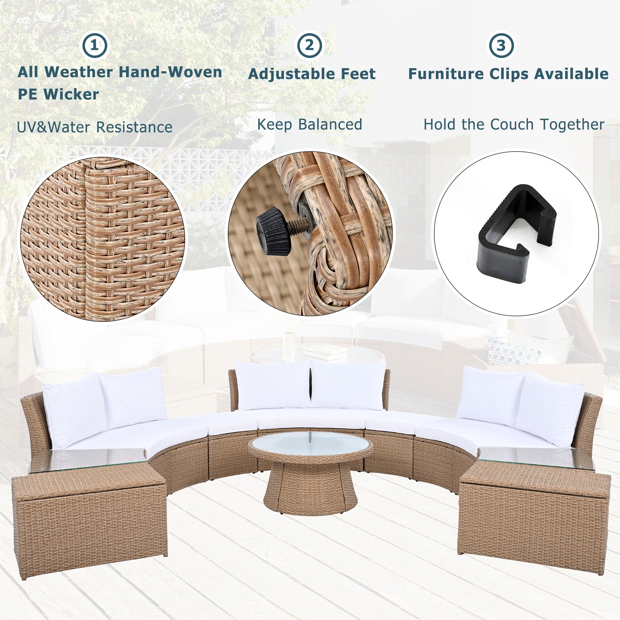 10 Piece Outdoor Sectional Half Round Patio Rattan Sofa Set