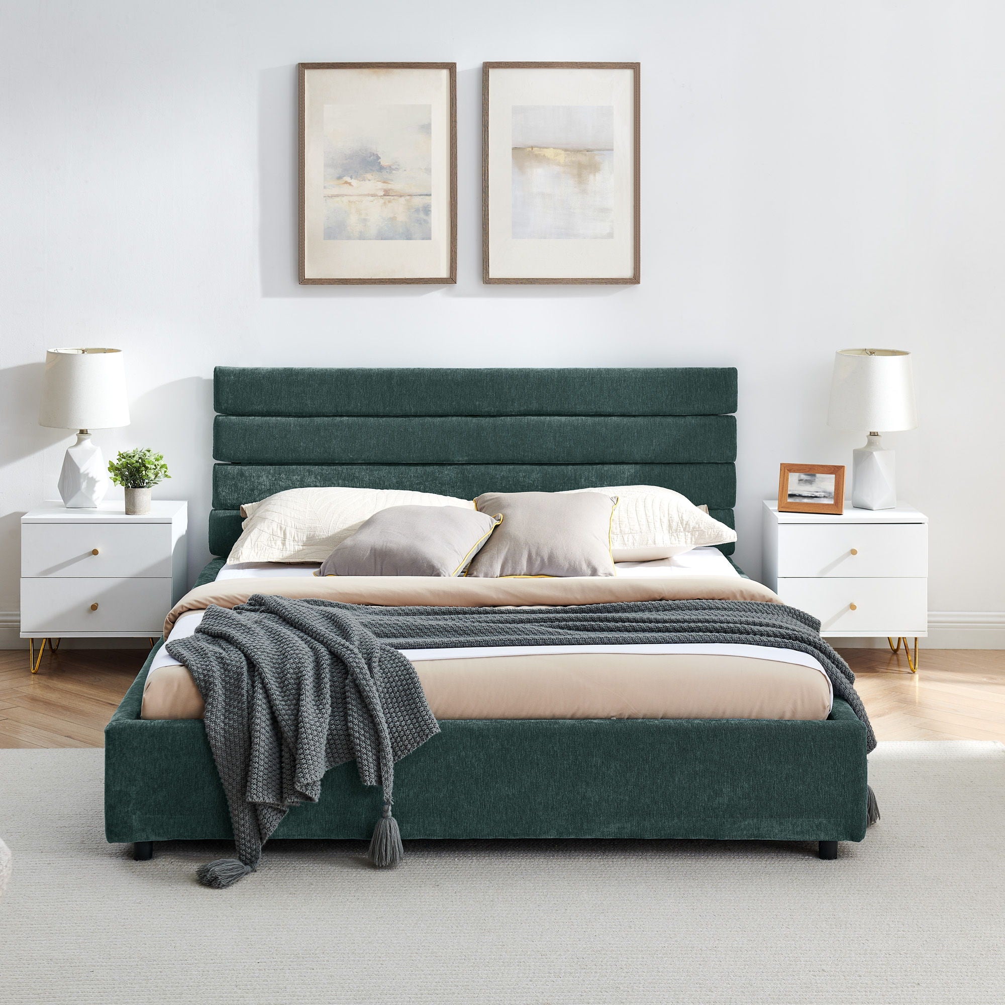 Modern Cushioned Bed Frame With Headboard And Drawers