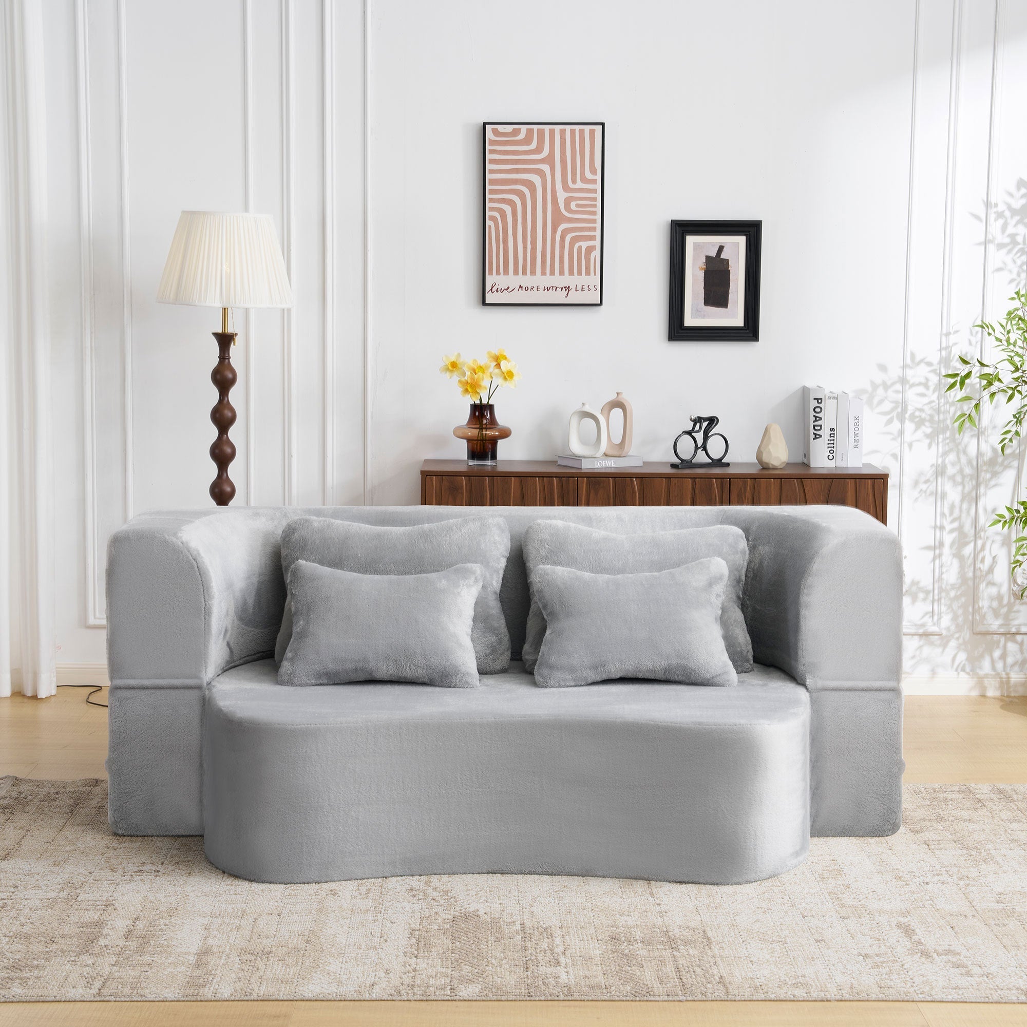 Queen Size Modern Light Grey Floor Sofa with 4 Pillows