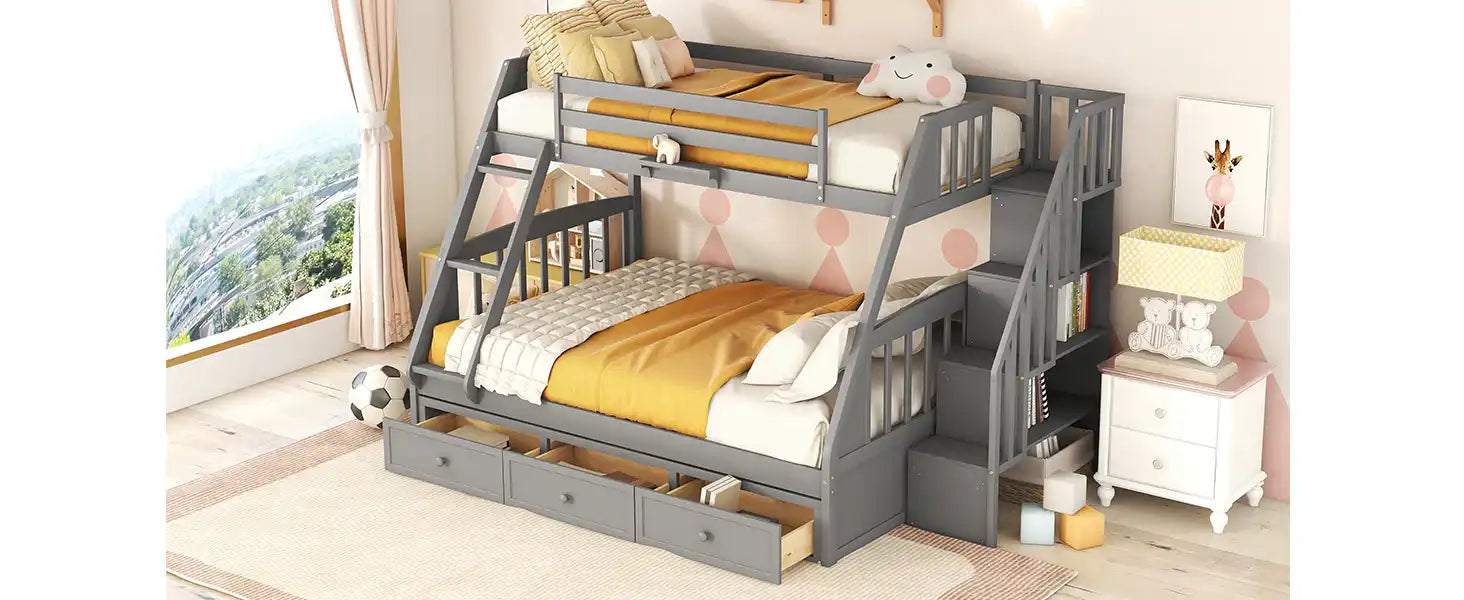 Twin-Over-Full Bunk Bed with Drawers，Ladder and Storage Staircase, Gray - Best Buy Furniture