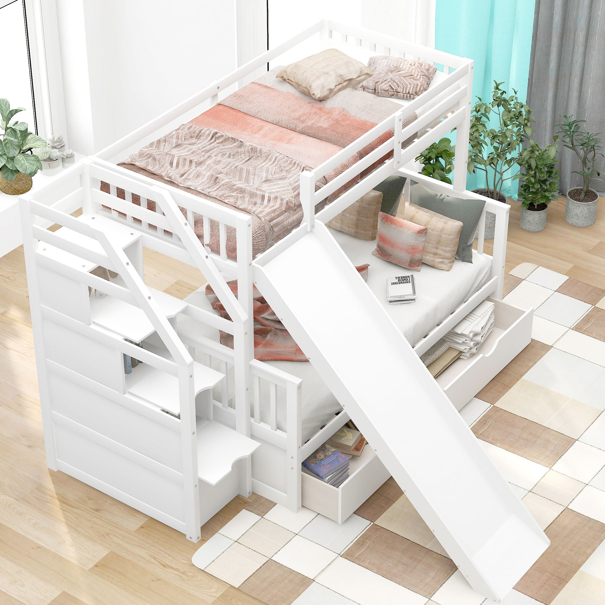 Bunk Bed With Storage Staircase, Slide, Desk, Drawers, And Shelves