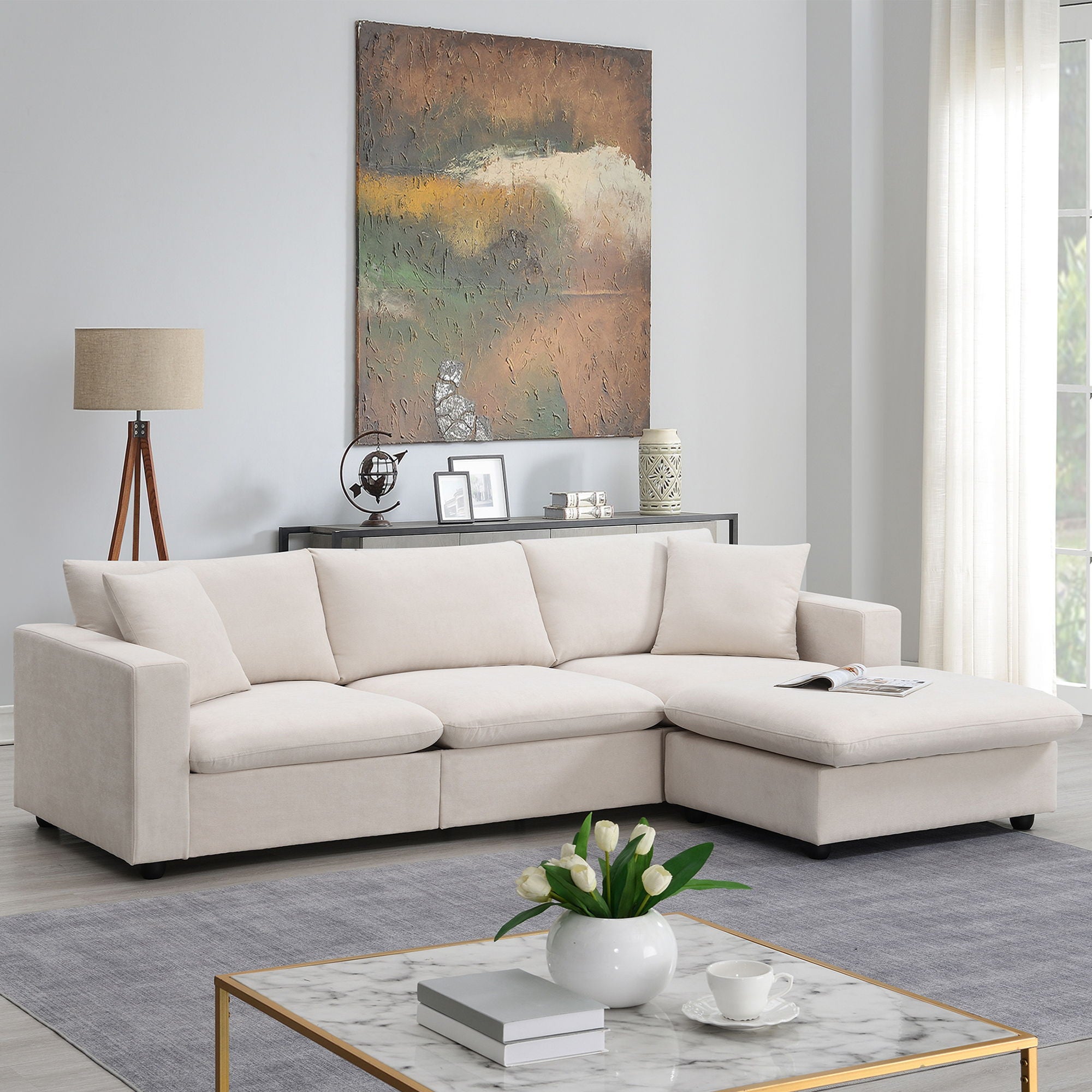 Modern Sectional Sofa, L-Shaped Couch Set With 2 Free Pillows, 4-Seat Polyester Fabric Couch Set With Convertible Ottoman For Living Room, Apartment, Office